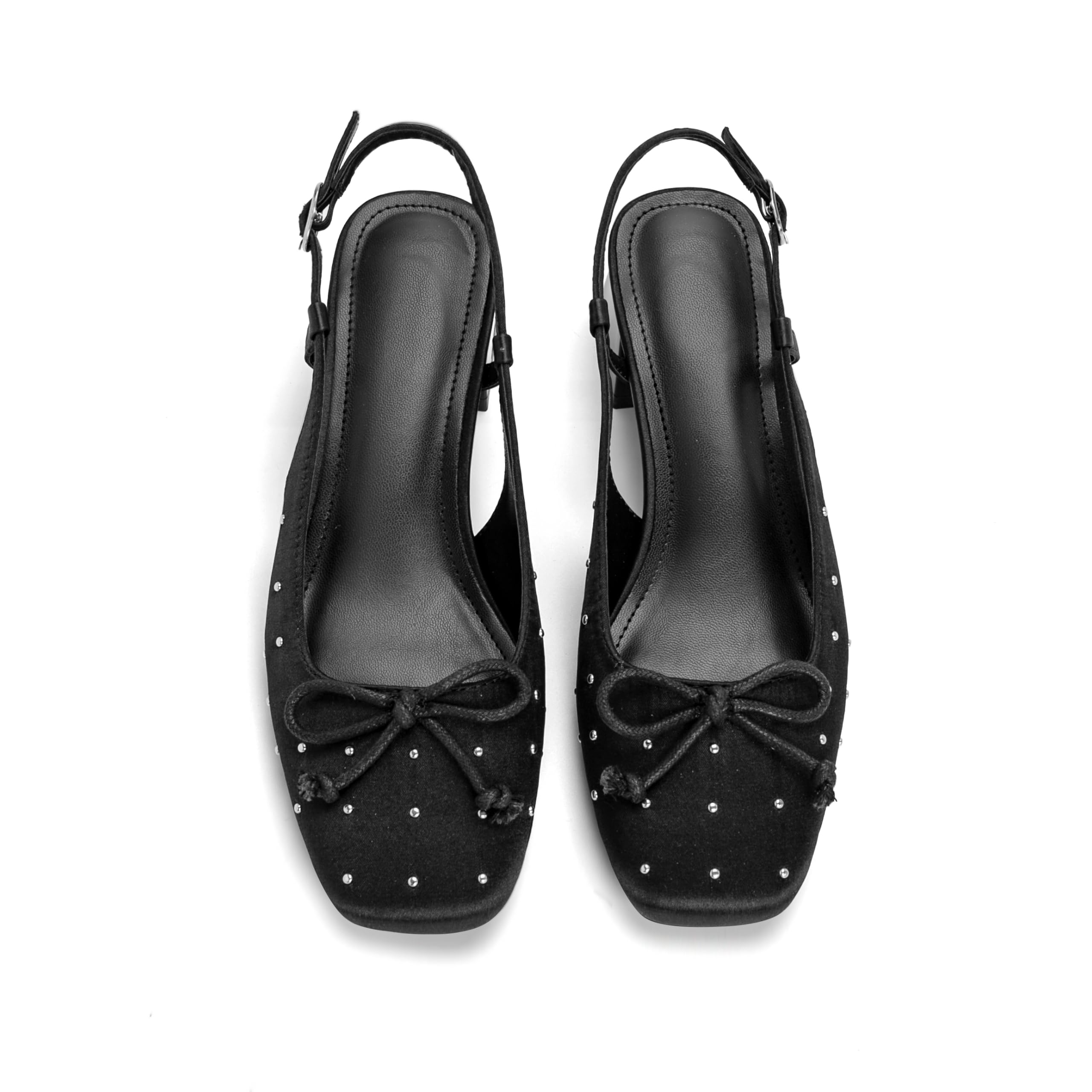 Photo 1 of Lhamo Latso Black Slingback Pumps with Bow Studded Satin Ballet Heel Square Closed Toe Chunky Low Block Heels for Women Ballerina Pump Dressy Shoes Size 6
