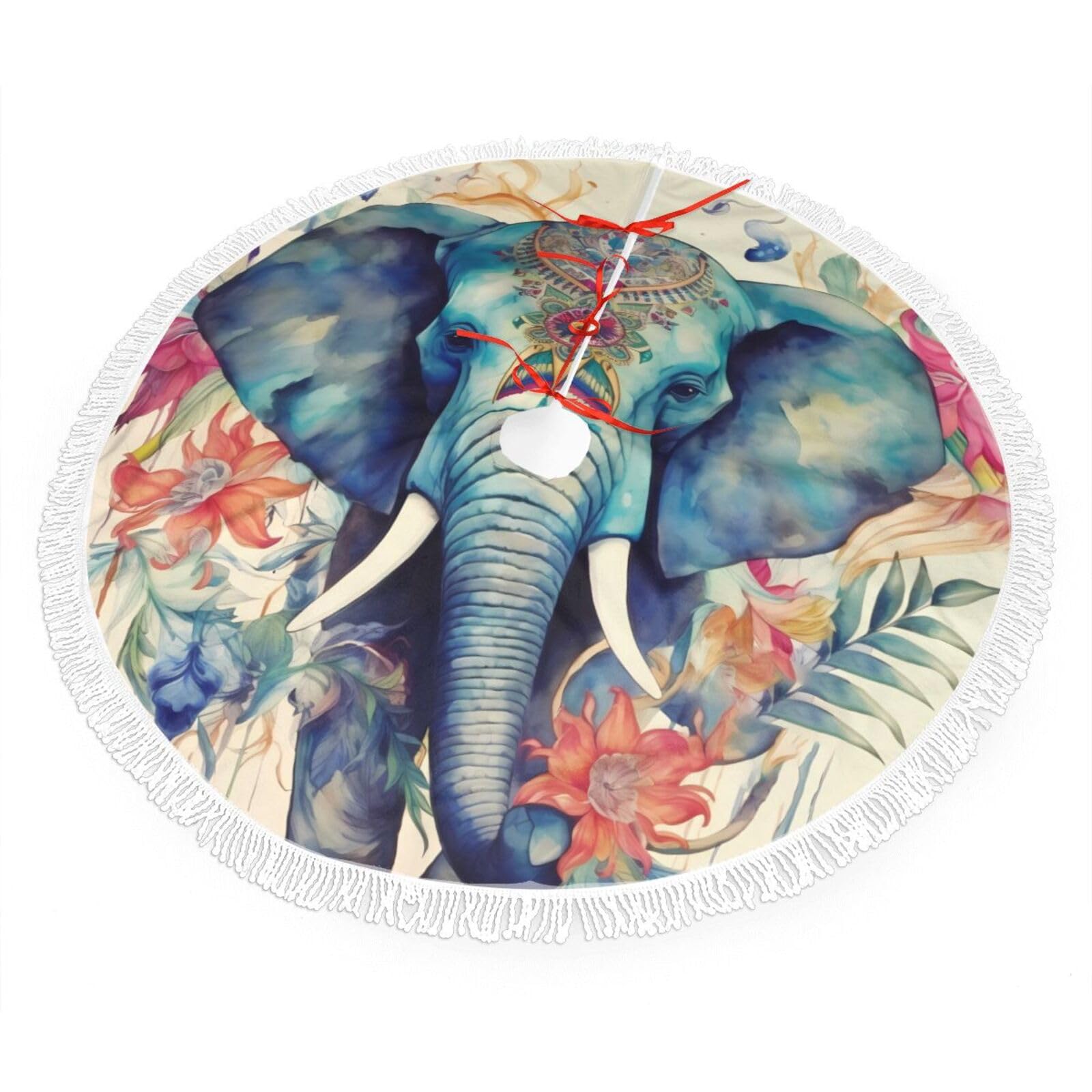 Peacock Feathers Elephant Christmas Tree Skirt 48", Soft Plush Xmas Tree Carpet with Tassel Christmas Ornaments Winter Holiday Tree Mat Decoration for Home Party Supplies