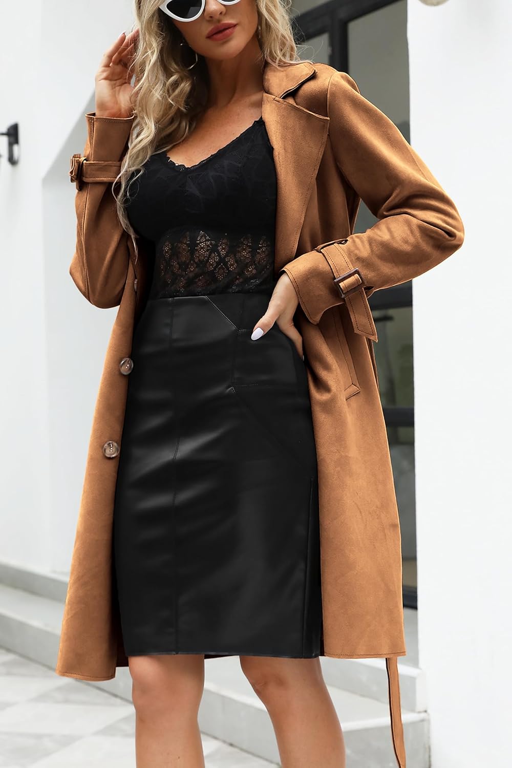 Bellivera Womens Faux Suede Leather Jacket Spring and Winter Fashion Long Trench Coat, Lightweight Windbreaker - Image 2