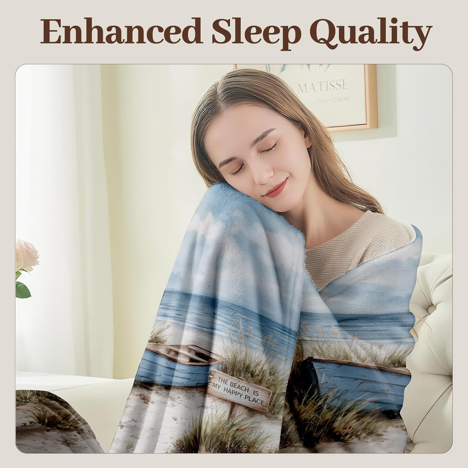 Coastal Boat Blanket Soft Cozy Flannel Throw Blankets, Blue Rowing Ship and Sandy Beach Art Throws for Couch Bed Sofa Ocean View Decor, Gifts for Sea Lovers Women Adults 60"×50"