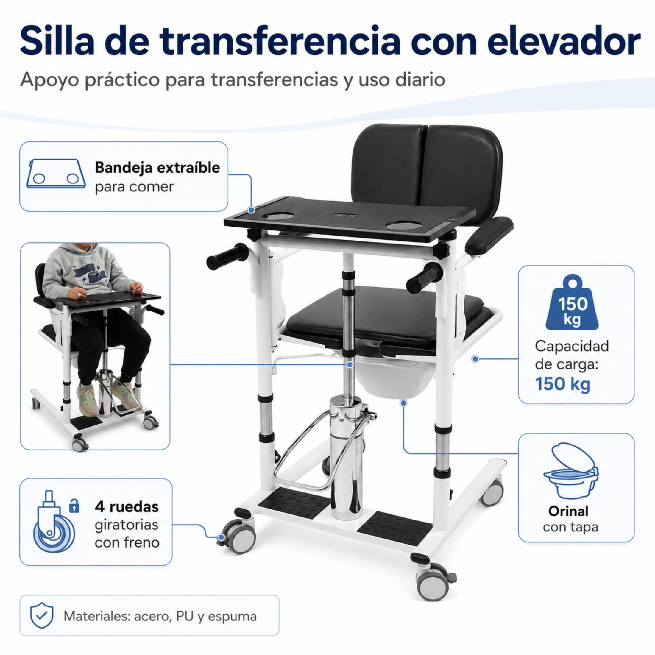 Elevador hidráulico para pacientes, silla de transferencia, 150 kg, altura regulable, silla de ducha con ruedas, silla para inodoro, asiento plegable de 180°, 4 ruedas de freno con bandeja + orinal