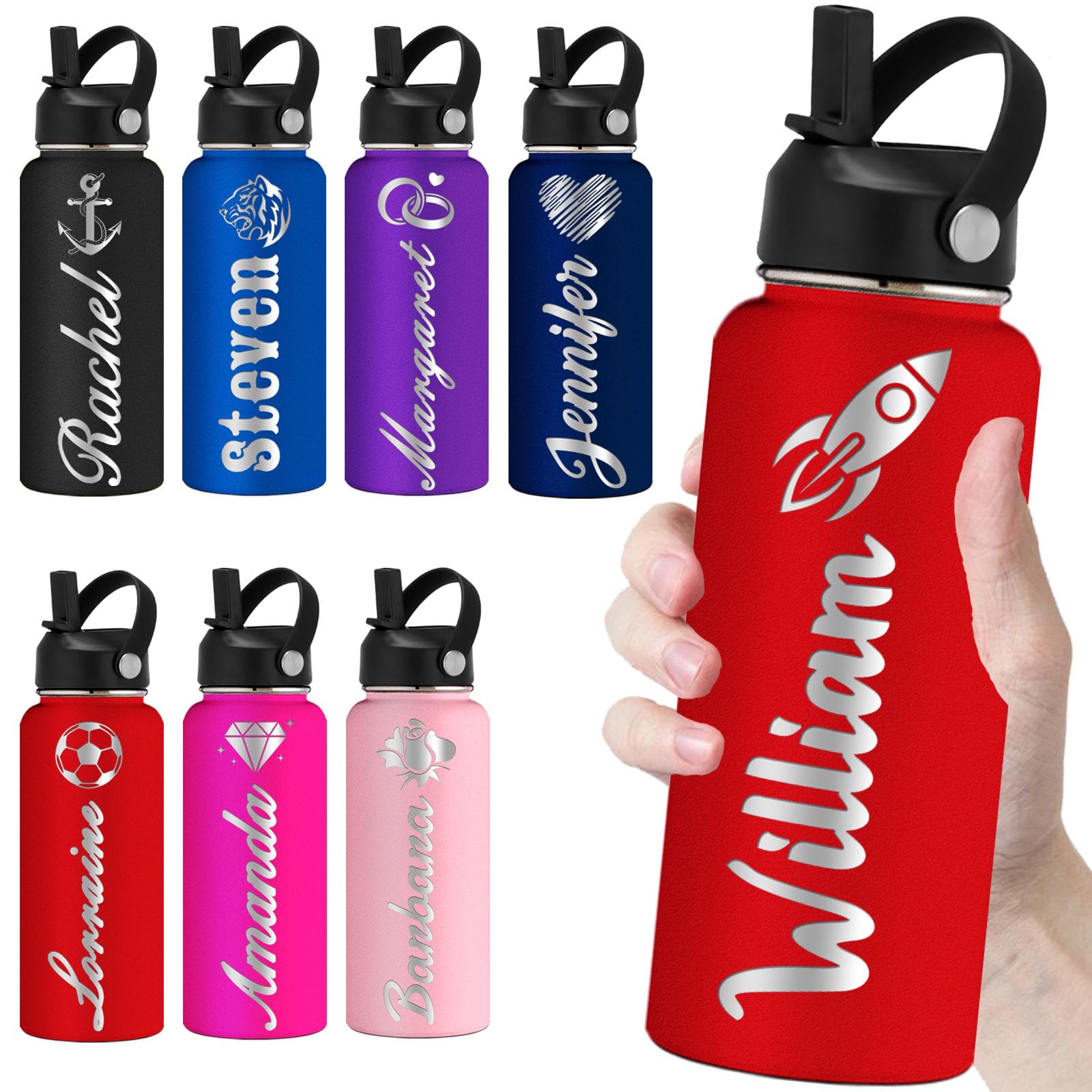 kioskbanks Personalized Water Bottles with Straw 32oz Custom Engraved Water Bottle for School Customized Name Double Wall Insulated-Red