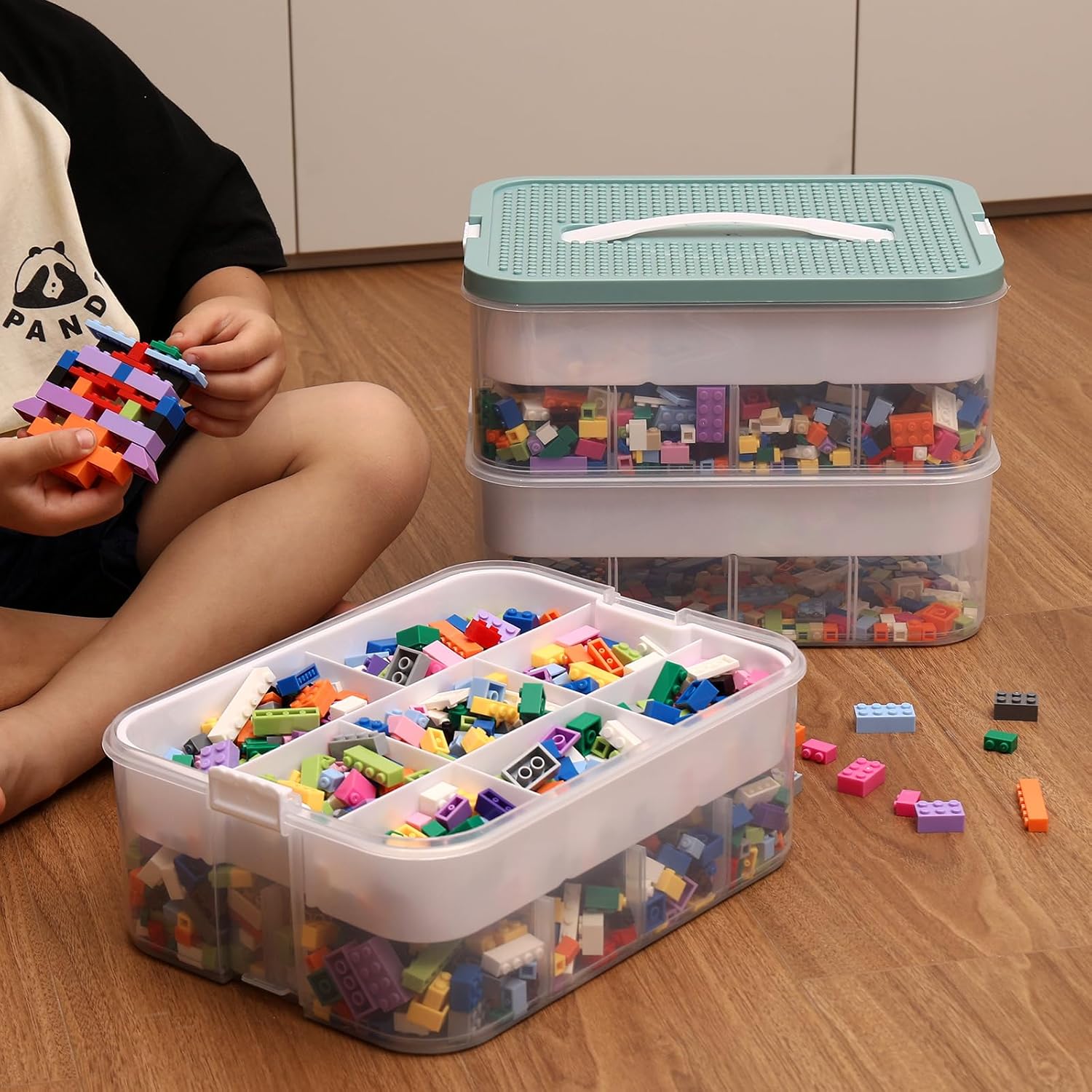 Douorgan Toy Storage Organizer for Lego Stackable Organizer Bins with Compartments Portable Containers with Lids Building Blocks Miniature Organizer Storage Box Toy Chest Case (3 Layers)