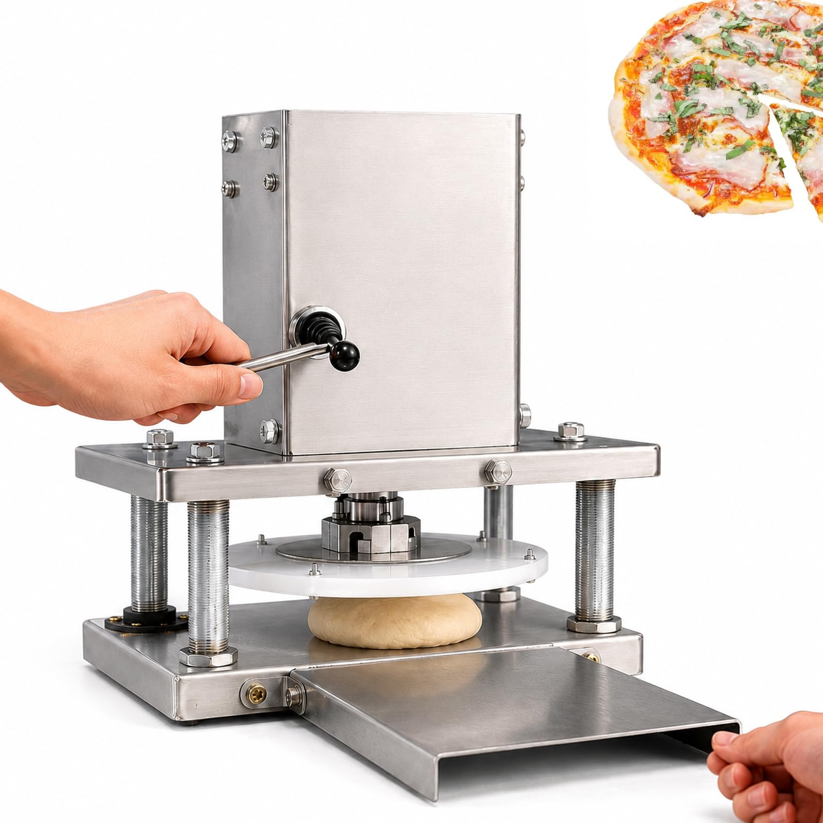 TYH Elektrische Pizzateigpresse, Manuelle Pizzateigpresse Aus Edelstahl, 400 Teigstücke Pro Stunde, Gewerbliche Walzenausrollmaschine Für Pizzaböden Und Hackbraten 25cm