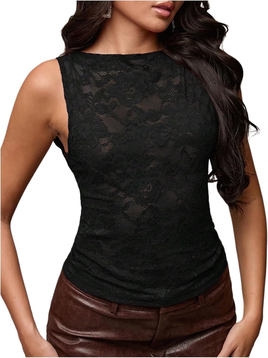 GORGLITTER Women's Lace Sleeveless Tank Tops Y2K Casual Crew Neck Gothic Sheer See Through Slim Fit Going Out Tops