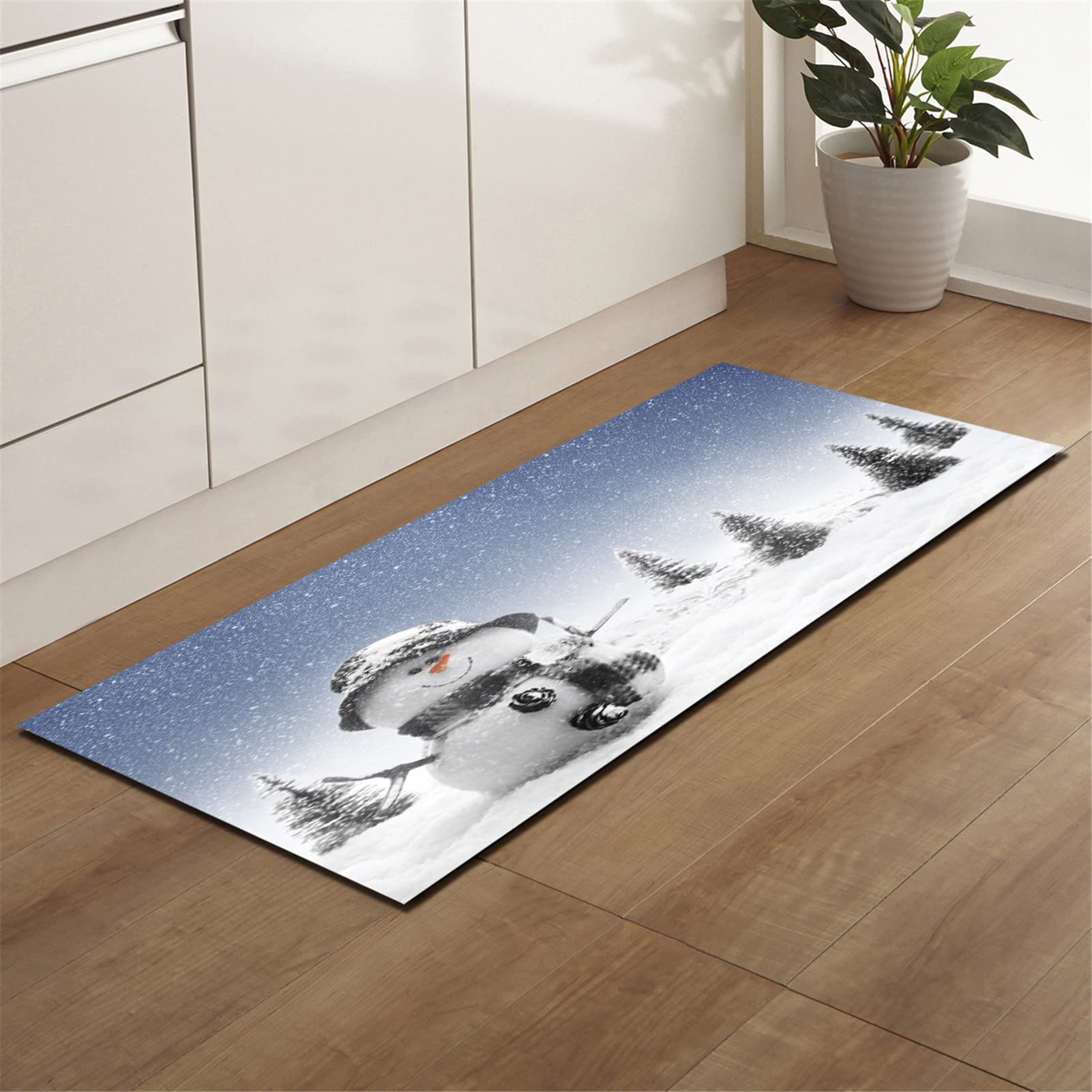 Alfombra Navidad, Lavable Felpudo Navideño De Poliéster Suave Alfombra De Cocina, Alfombrillas Antideslizantes con Patrón De Muñeco De Nieve Navideño, Decoración Navideña,10,60x180cm/23.6"x70.8"
