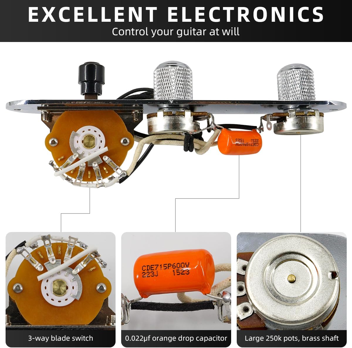 Fully Loaded Guitar Control Plate Prewired 3-Way Switch 250K Large Potentiometers Knurled Volume Tone Controls Knobs for Tele/Telecaster Electric Guitar Parts Replacement (Chrome)