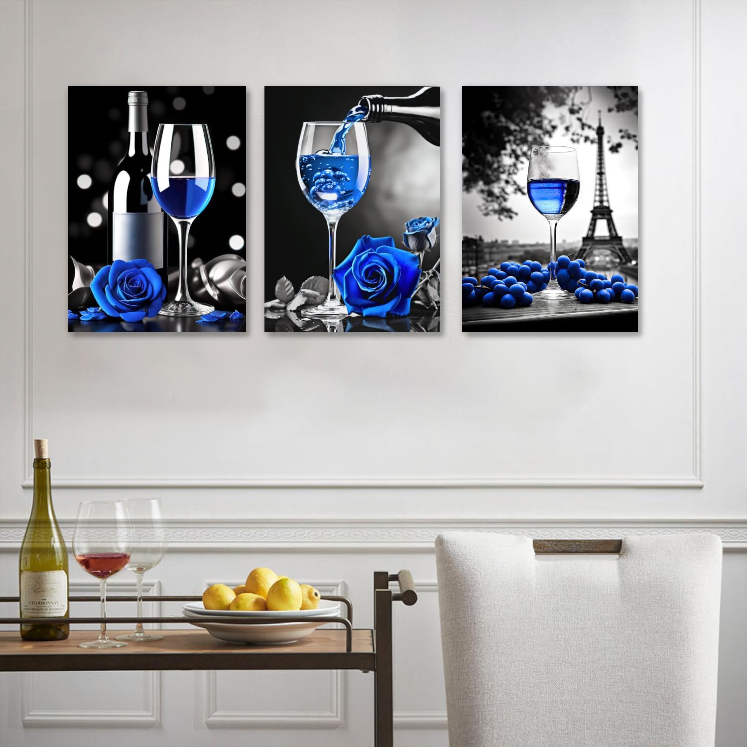 LYUNSHUO Glass Wine Canvas Wall Art 3 Piece Blue Wine and Rose Picture Print Eiffel Tower Painting Black and White Poster Romantic Artwork for Dining room Home Decor Framed(Kitchen-5,12.00"x16.00"x3P)