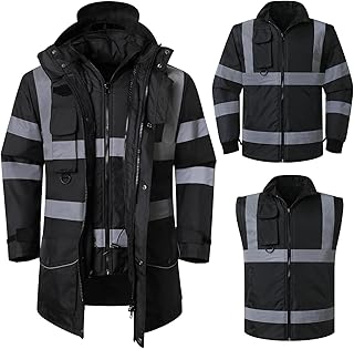 High Visibility 7 in 1 Black Safety Winter Jacket For Men Safety Coat Traffic Reflective Parka Jacket
