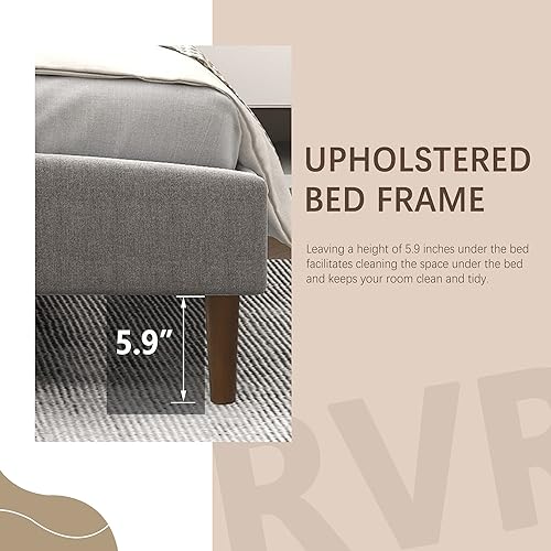 Miniatura 5 de RYR Base de cama tapizada tamaño Queen con cabecera clásica, soporte de listones de madera antideslizante, fácil montaje, no requiere somier, lino