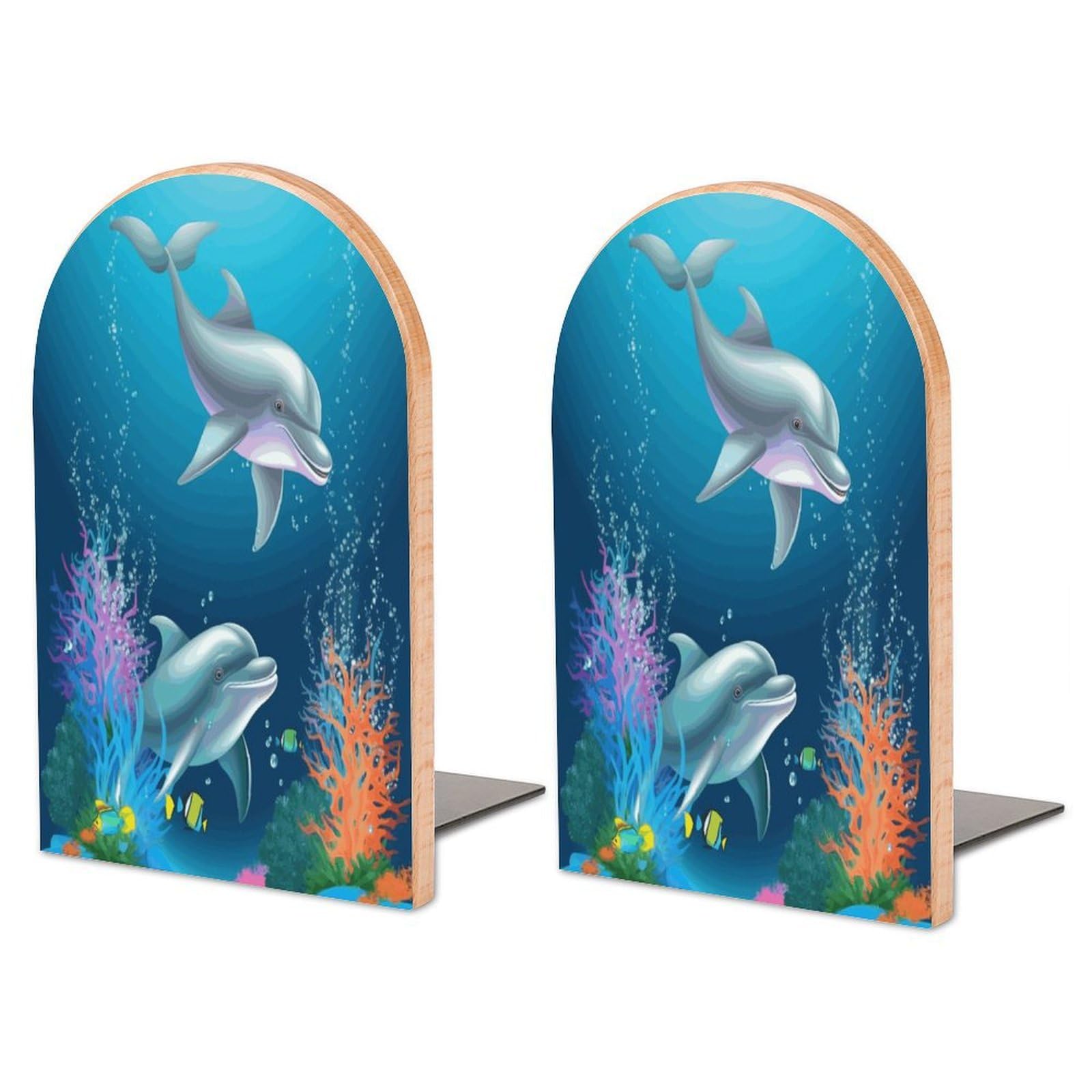 Dolphin and Fish Bookend for Shelves Non-Skid Book Holder Modern Heavy Duty Bookend Stopper Metal Base Wood Book End Books Shelf Holder Home Decorative 1pair 6.7x3.9x4.7