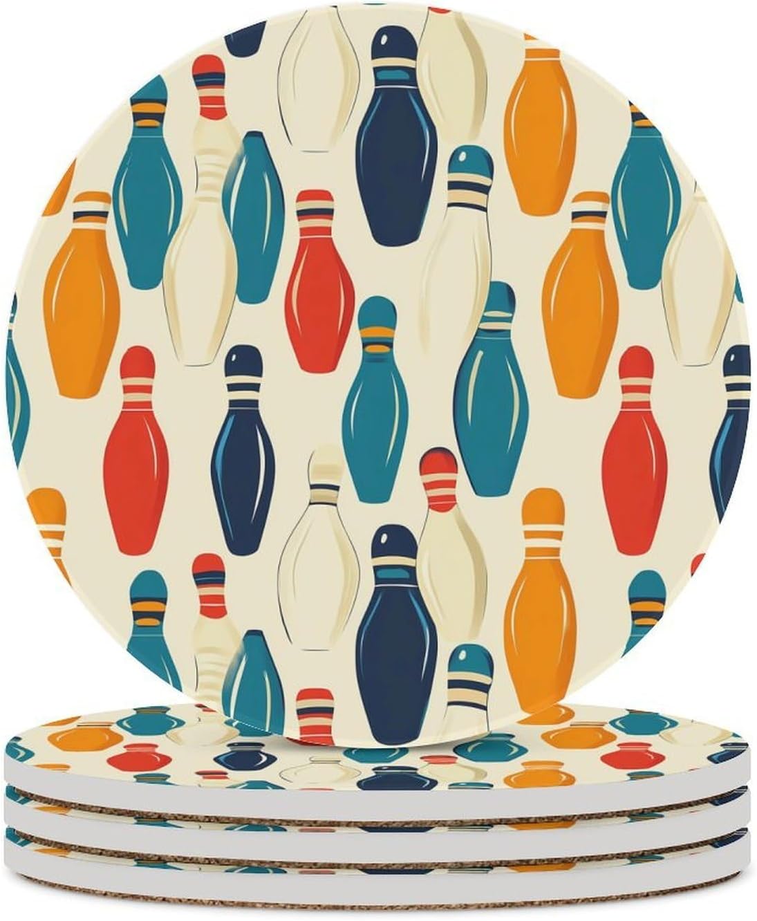 Colorful Bowling Pins Round Ceramic Coasters Print Drinks Absorbent with Cork Base for Home Decor Gifts 4 Inch