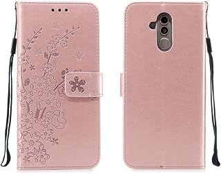 Funda de piel para Huawei Mate 20 Lite, diseño de flores de ciruela horizontal, con ranuras para tarjetas, cartera y cordón (verde), color dorado rosa