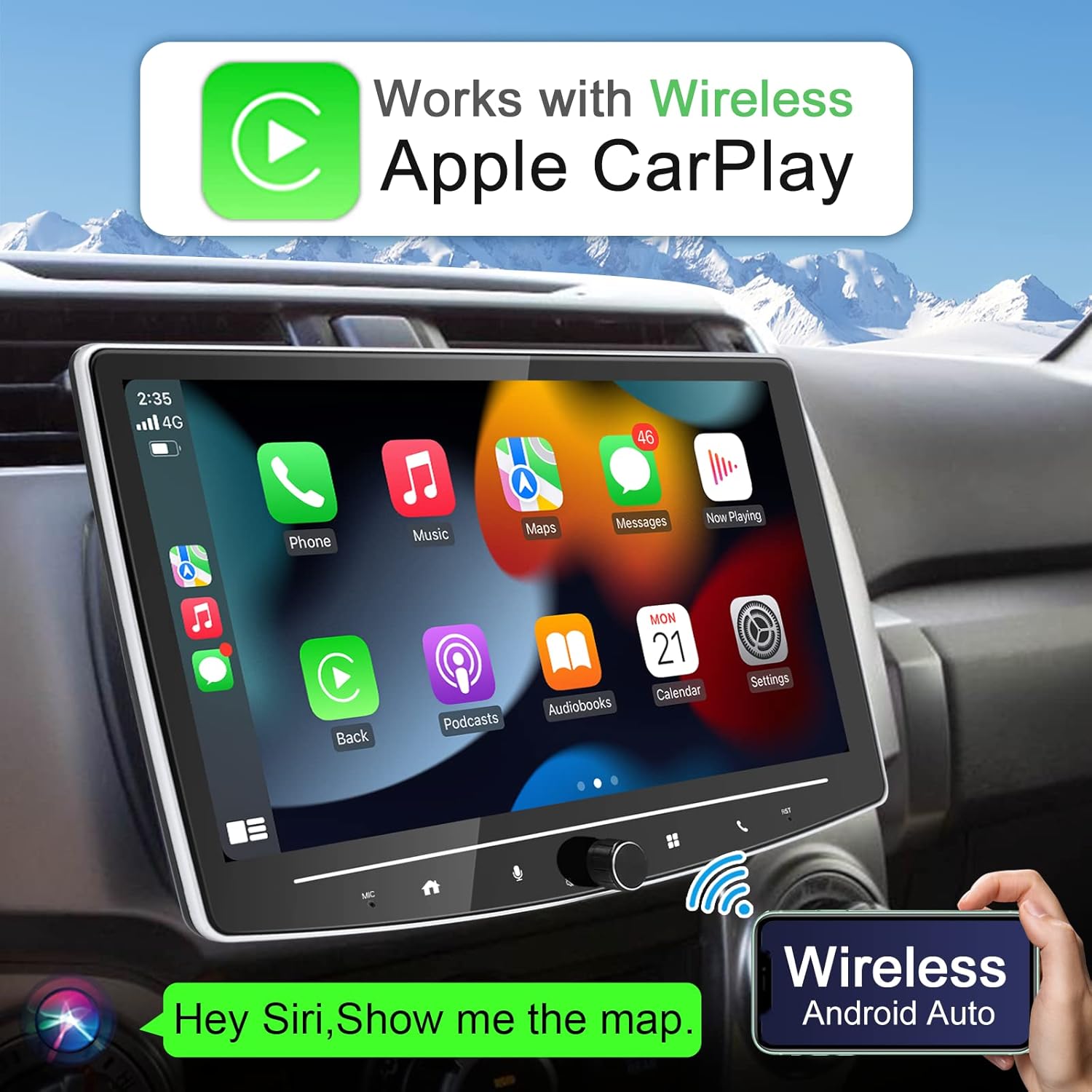 Car stereo display showing Apple CarPlay interface with phone, music, maps, and messages icons.