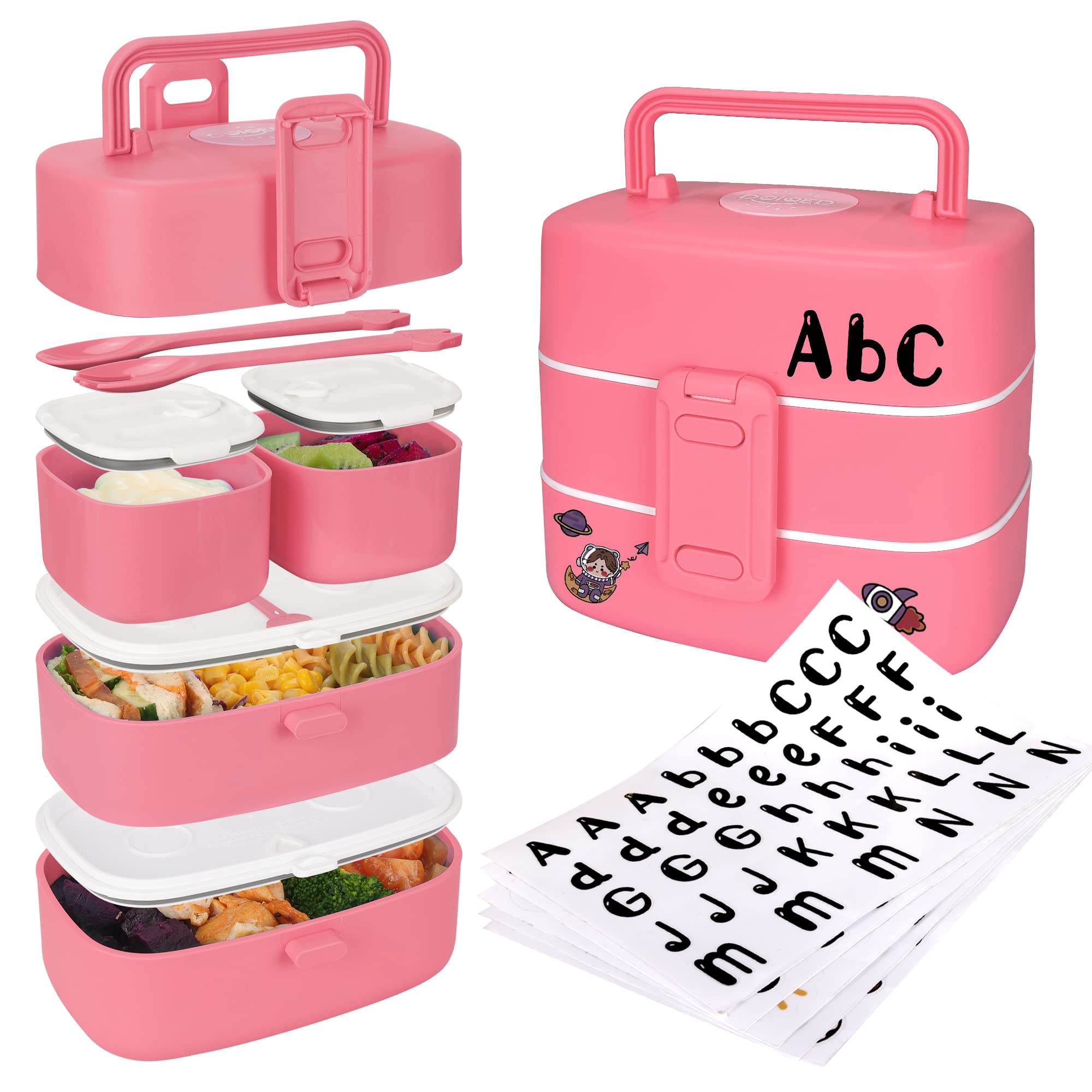 DOIOED Bento Lunch Box for Kids/Toddlers, Include Name Sticker - Leak Proof Stackable Bento Box with 4 Compartments - Children/Adults Lunch Containers, Durable Perfect Size for On-the-Go Meal.