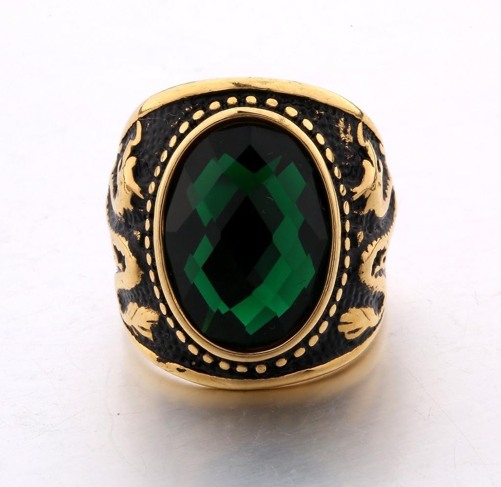 MASOP Stainless Steel Vintage Antique Gemstone Green Emerald Color Stone Ring for Men and Women - Image 4
