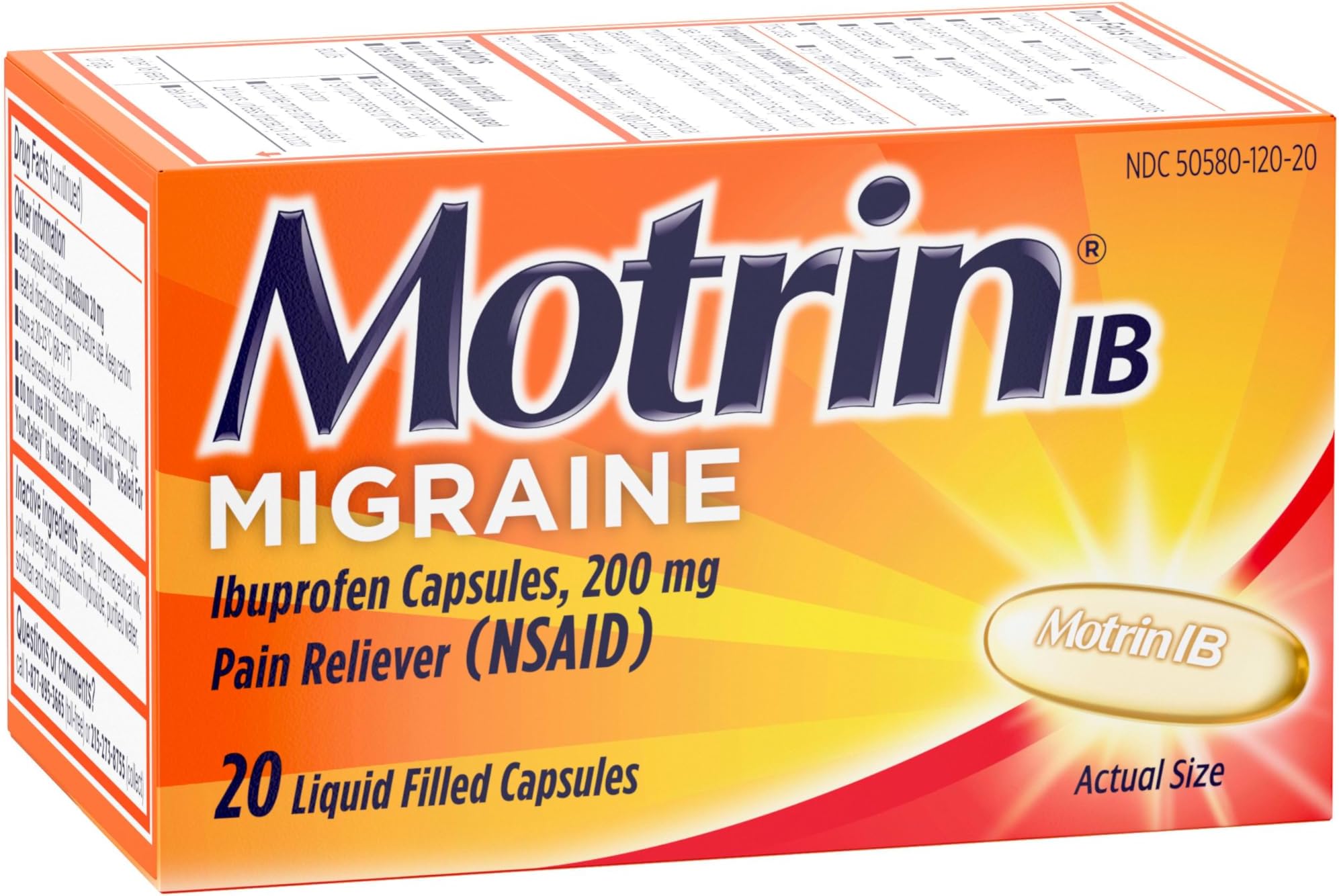 Motrin IB Migraine Relief Liquid Gel Capsules with 200 mg Ibuprofen per Capsule, Fast & Effective Migraine Headache Relief Medicine with NSAID Pain Reliever Ibuprofen, Caffeine-Free, 20 ct