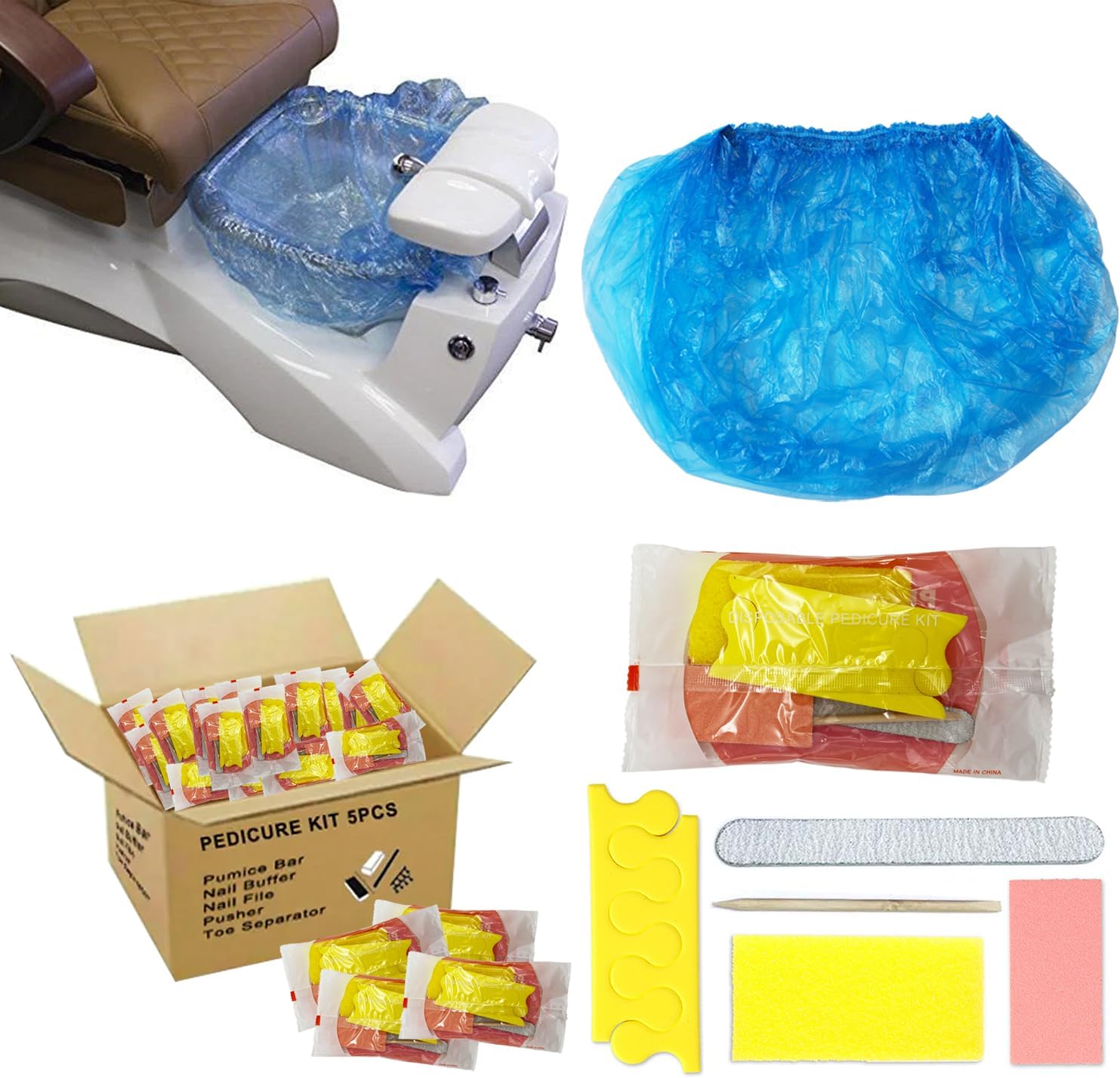 Disposable Pedi Kit Pedi Liner Set, Liner Blue 120cm/47.25in 50pcs, Pedicure Kit 5-in-1 50pcs (Pumice Pad, Mini Buffer, Wood Nail File 100/180 Grit, Wood Stick & Toe Separators) (100-Counts)