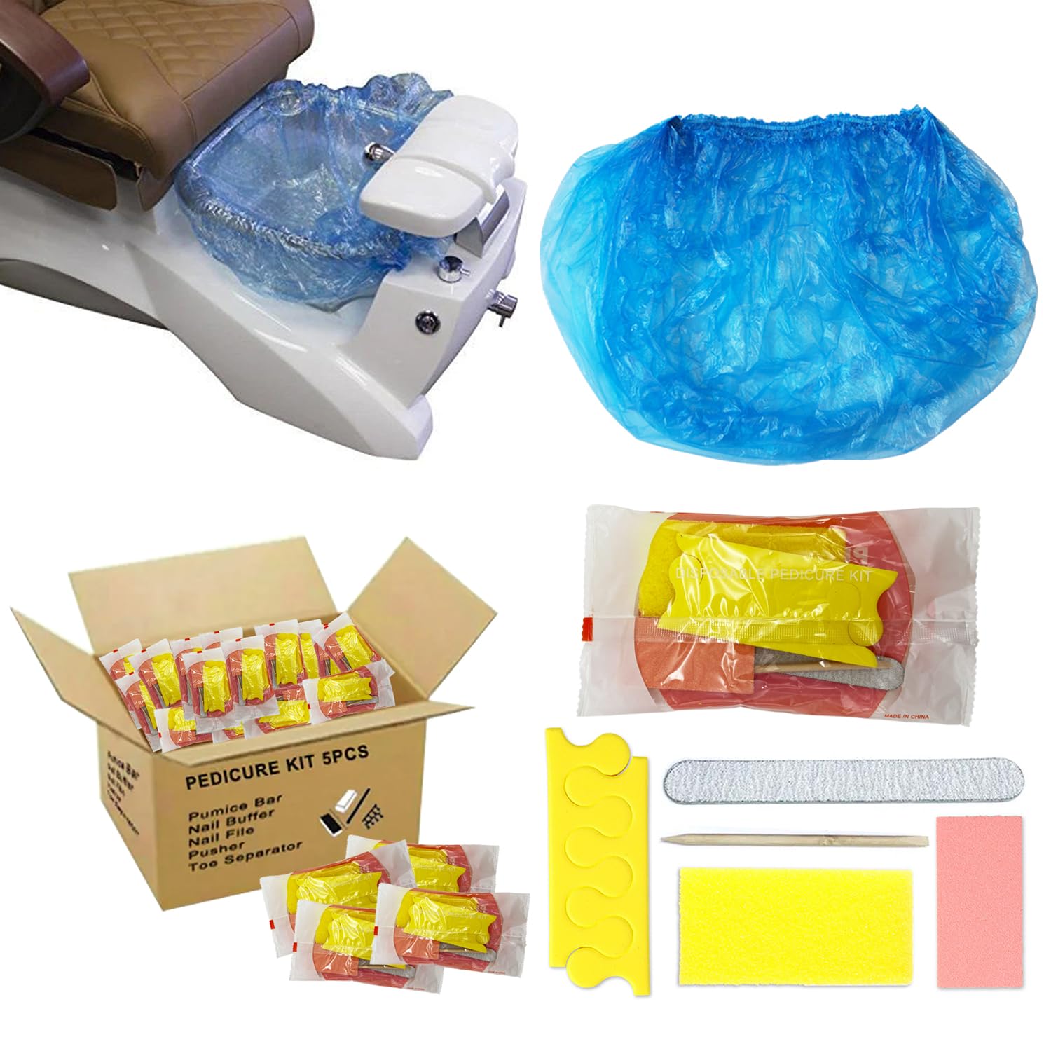 LVKN Disposable Pedi Kit Pedi Liner Set, Liner Blue 120cm/47.25in 50pcs, Pedicure Kit 5-in-1 50pcs (Pumice Pad, Mini Buffer, Wood Nail File 100/180