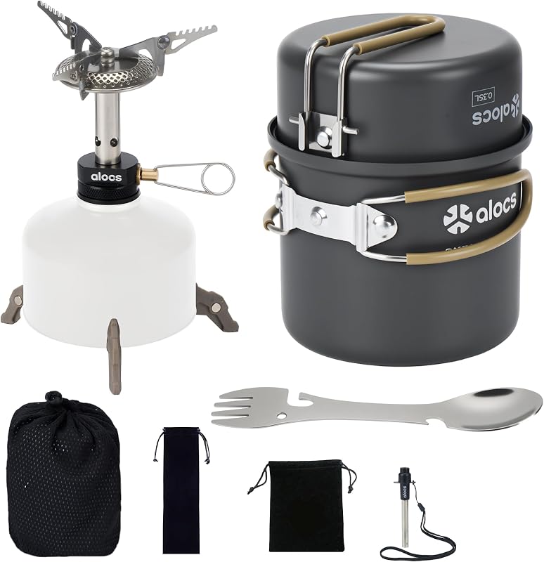 9-Piece Camping Cookware Set with Non-Stick Pots & 3200W Stove | All-in-one Nested Set with 0.35L pan, 1L Pot, Stove, igniter, Magnetic Stand & 5-in-1 Spork