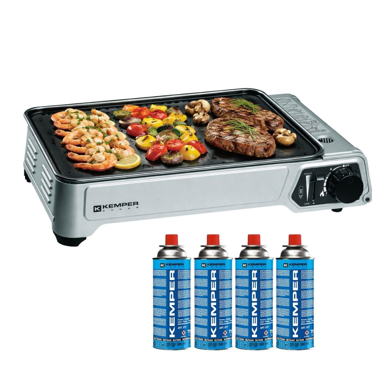 KEMPER Plancha gaz portable 2300W plaque anti adhésive avec 4 cartouches gaz camping et valise de transport