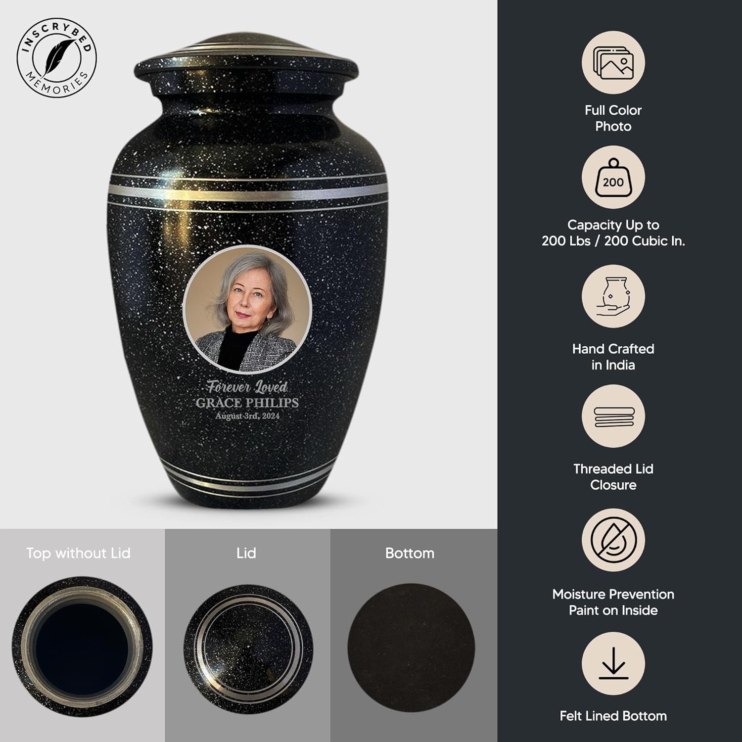 Personalized Custom Photo Human Cremation Urn for Adult Ashes Engraved Aluminum Cremation Vessel with Full Color Photo | 10.35" x 6.75" Urn for Human Remains Up to 200 Lbs | Spotted Black