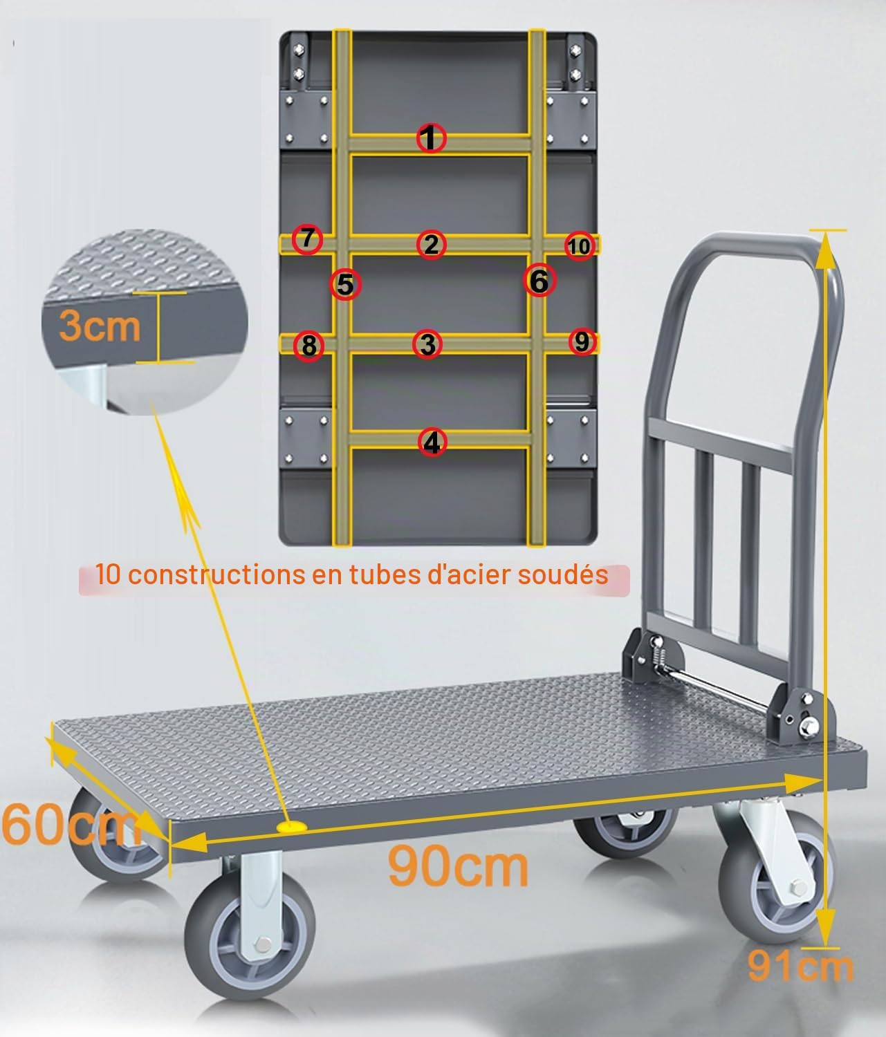 Chariot à Plateforme de Transport Pliable 500 kg ，Grandes Roues Heavy Duty- Chariot de Magasin manutention Stockage Pneus en Caoutchouc Plein roulettes silencieuses (90 x 60 cm)
