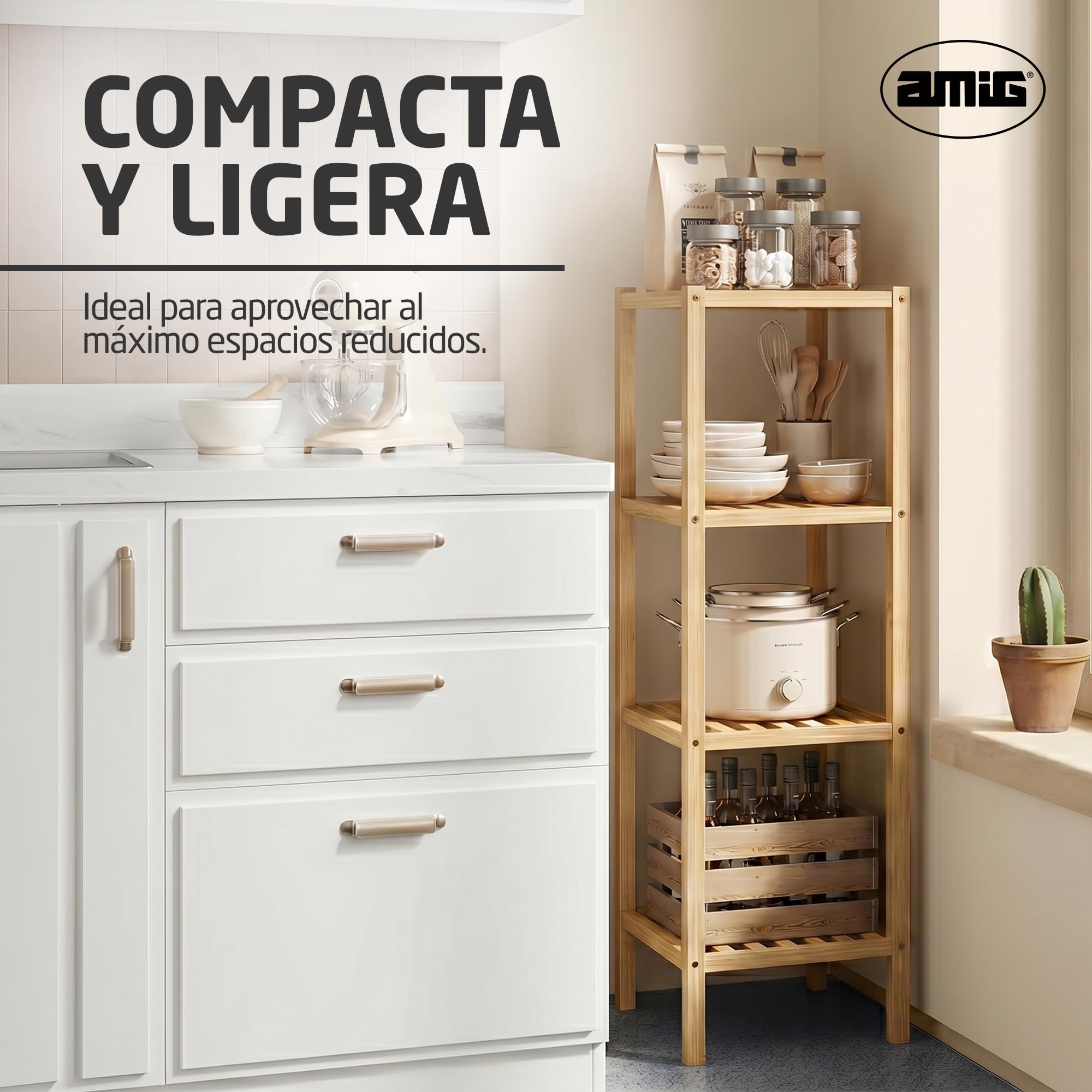 Amig - Estantería bambú para baño Mod. Bam - 4 Alturas - Fabricado en bambú - Diseño de Lamas - para Entrada, Sala de Estar, Cocina, Balcón - 37 x 33 x 110 cm