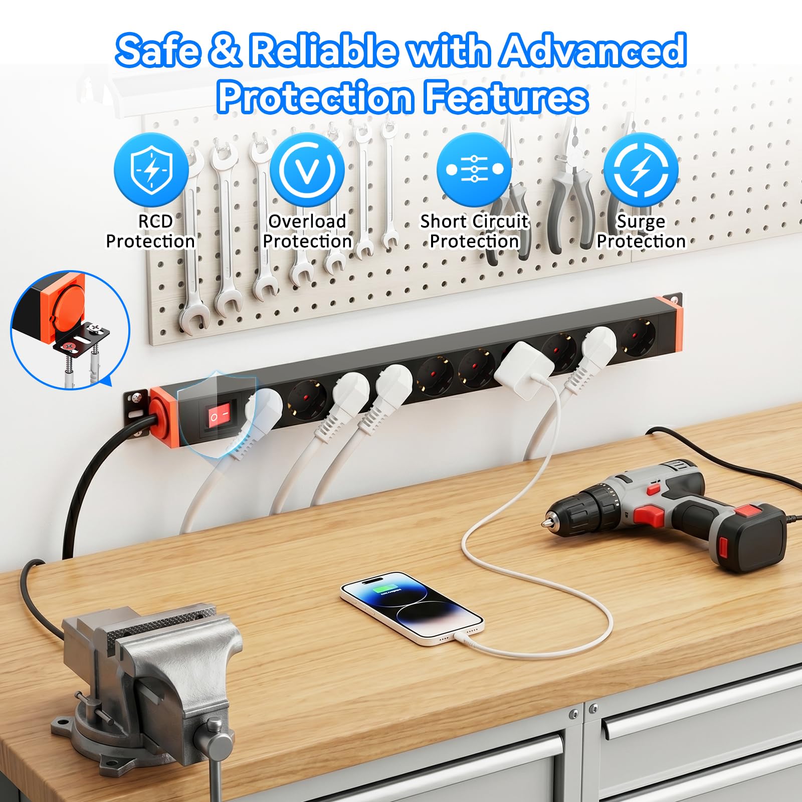 Regleta 10 Tomas con protección contra sobretensiones, Soporte 360° | Tomas a 45°, 16A/4000W, carcasa de aluminio, interruptor, cable 1,8 m, montaje en mesa, pared y bajo mesa