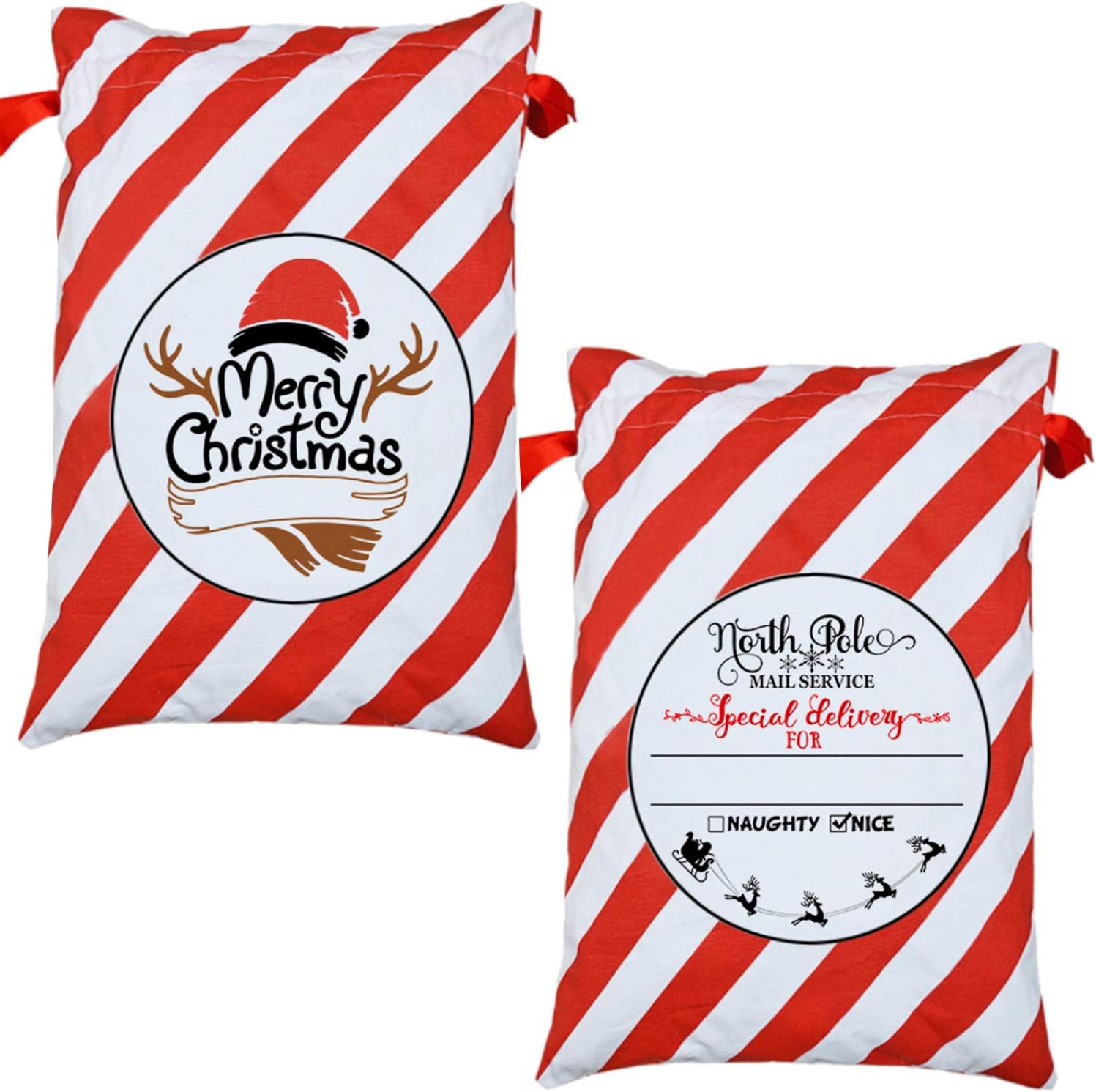 Tmflexe 2 Pack Santa Sack Personalized Large Christmas Bags with Drawstring for Gift Wrapping 19 x 27 Inch (Red White Stripe 2 Pack)