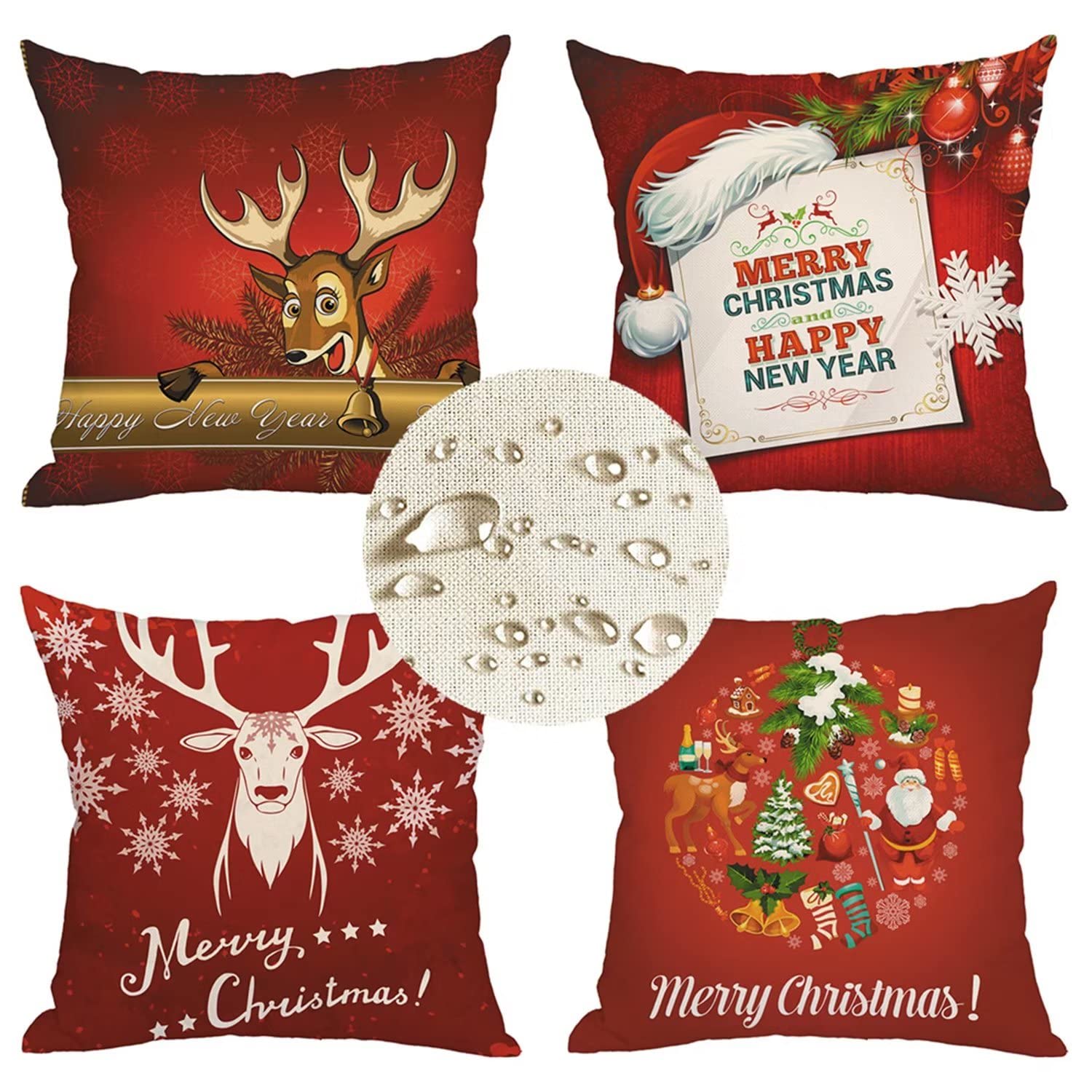 Kissenbezug 60x60cm 4er Set Rote Weihnachten Deko Kissen Kissenhülle, Beidseitiger Druck Leinen Dekokissen, Outdoor wasserdichte Kissenbezüge groß Sofakissen, deko Schlafzimmer wohnzimmer Gifts J34