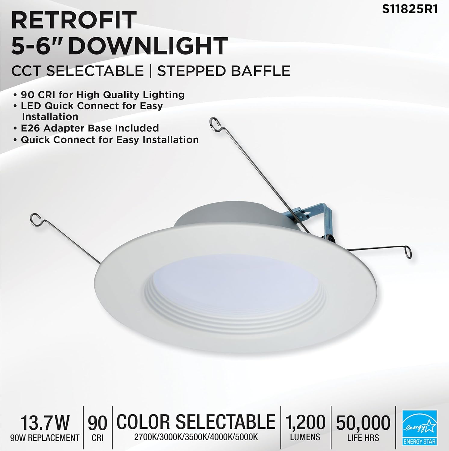 Satco LED Retrofit Downlight with Stepped Baffle, CCT Selectable 2700K/3000K/3500K/4000K/5000K, 5-6 Inch Round (High Lumen), White