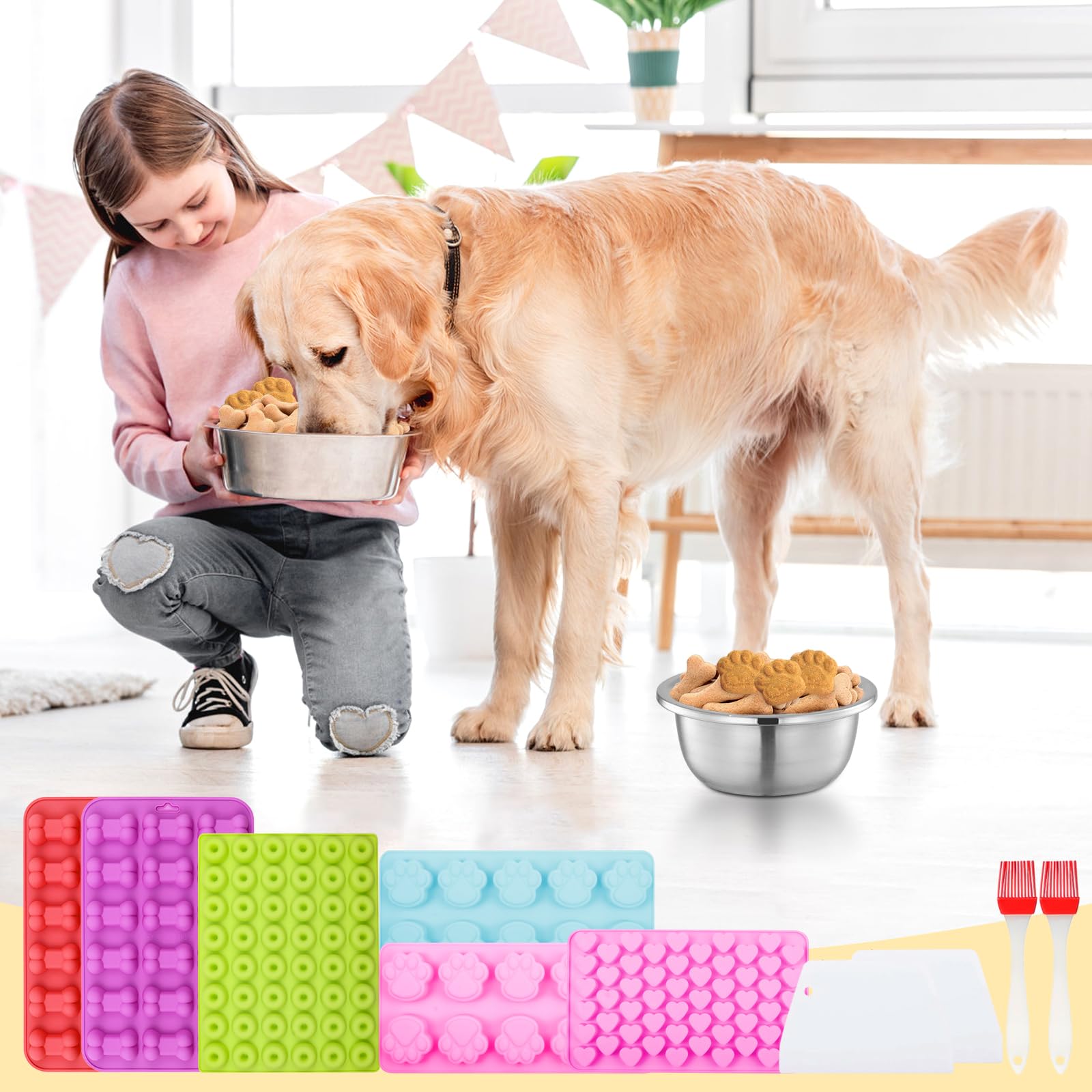 Tapis de Cuisson en Silicone Antiadhésif pour Friandises Maison Chien, Moule à Pepites Chocolat, avec Racloir et Pinceau Pâtisserie