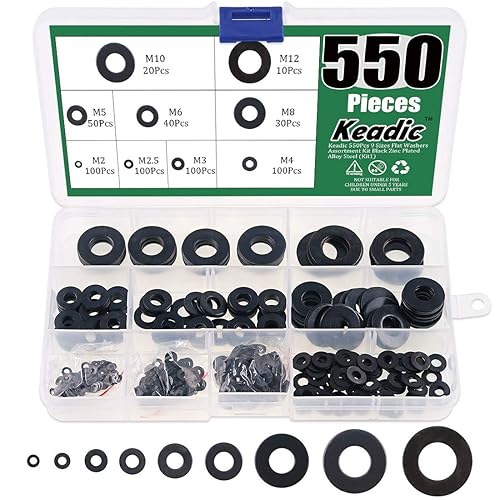Keadic Kit surtido de 550 arandelas planas, acero de aleación chapado en zinc negro, 9 tamaños - M2 M2.5 M3 M4 M5 M6 M8 M10 M12