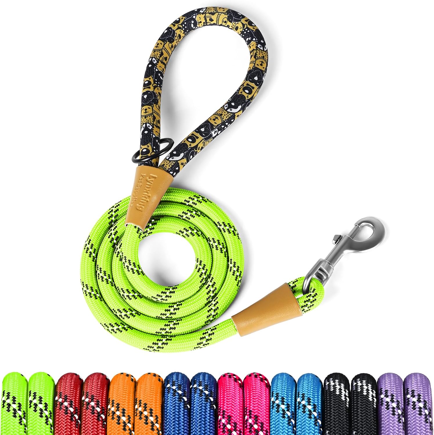 lynxking Rope Dog Leash 6 FT with Comfortable Padded Handle, Highly Reflective Threads Leash for Small Medium Large Dogs (Light Green, Large 1/2in x 6ft-Rope Clasp)