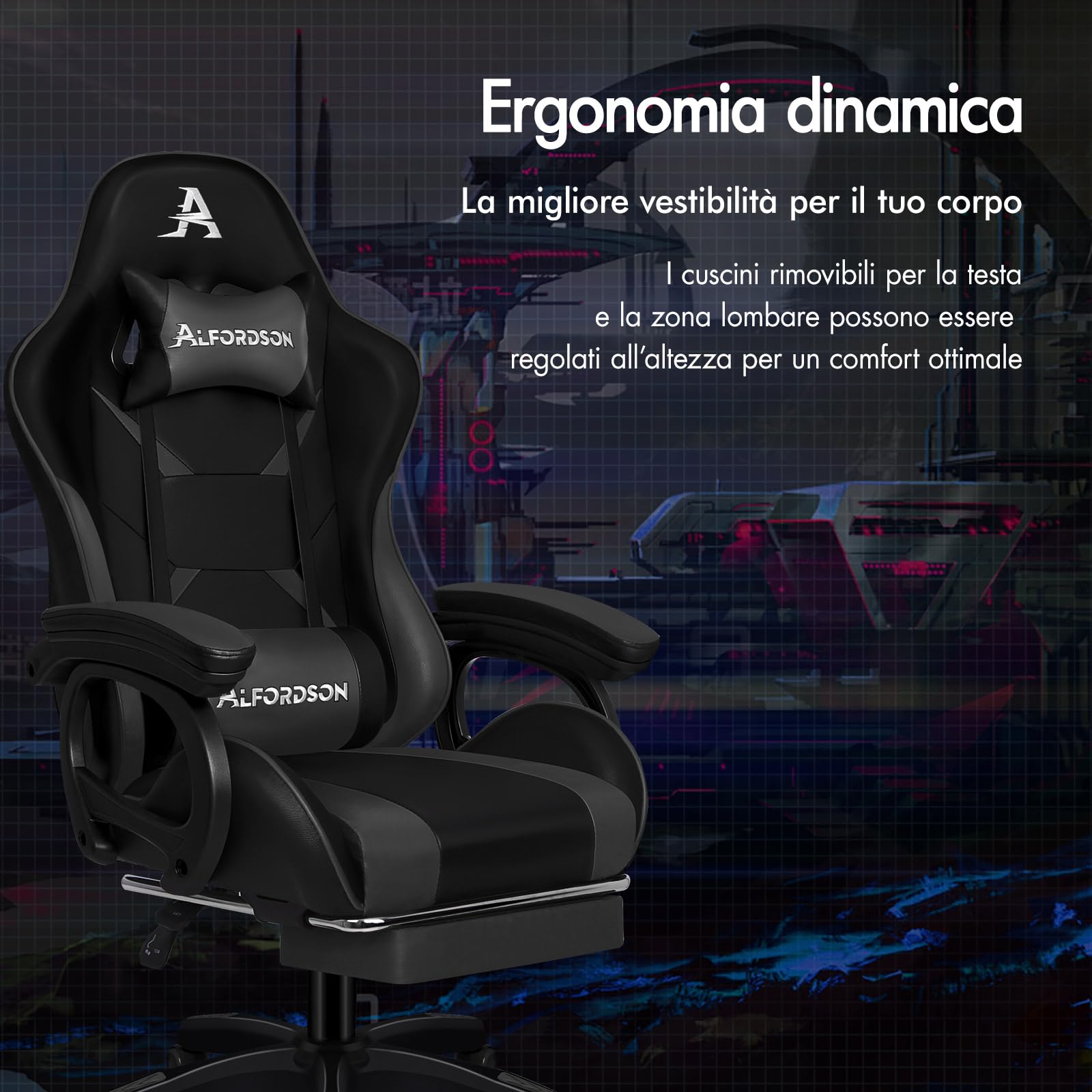ALFORDSON Sedia da Gaming, Sedia da Corsa con Massaggio a 2 Punti per Gioco, Sedia da Computer ergonomica con Cuscino Lombare, Altezza Regolabile, Pelle PU, Grigio
