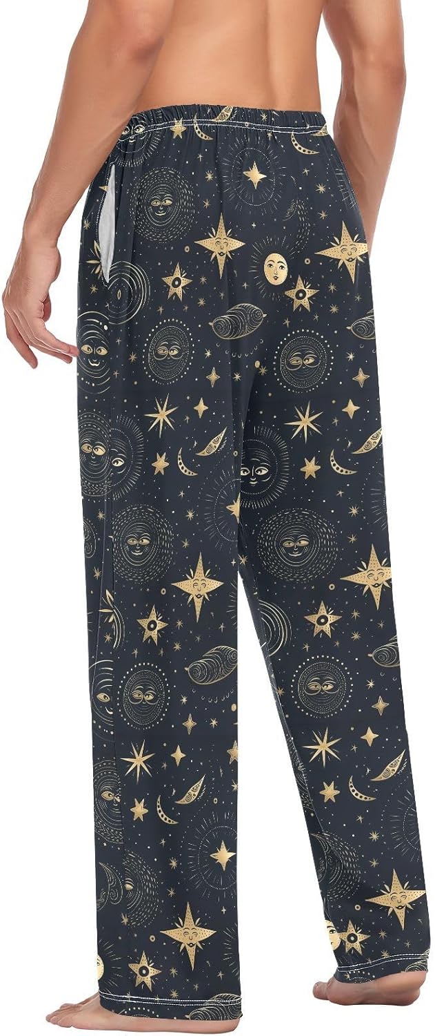 ALAZA Gold Sun Moon Stars Men's Pajama Pants Men Cotton Pajama Bottoms with Pockets, S