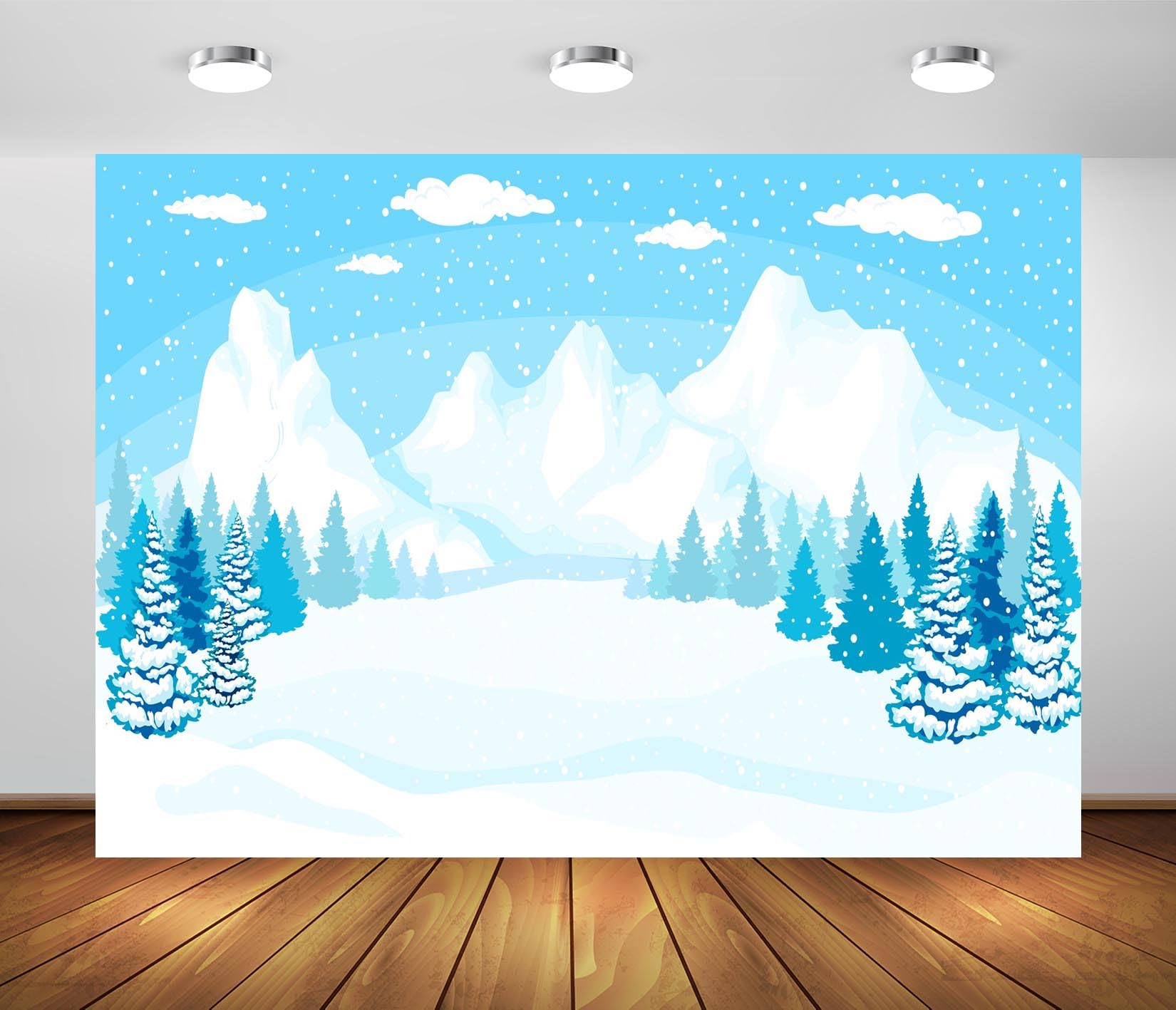 Loccor 7x5ft Fabric Winter Forest Backdrop Cartoon Winter Landscape Fir Trees Forest Snow Mountain Ice and Snow World Background Christmas New Year