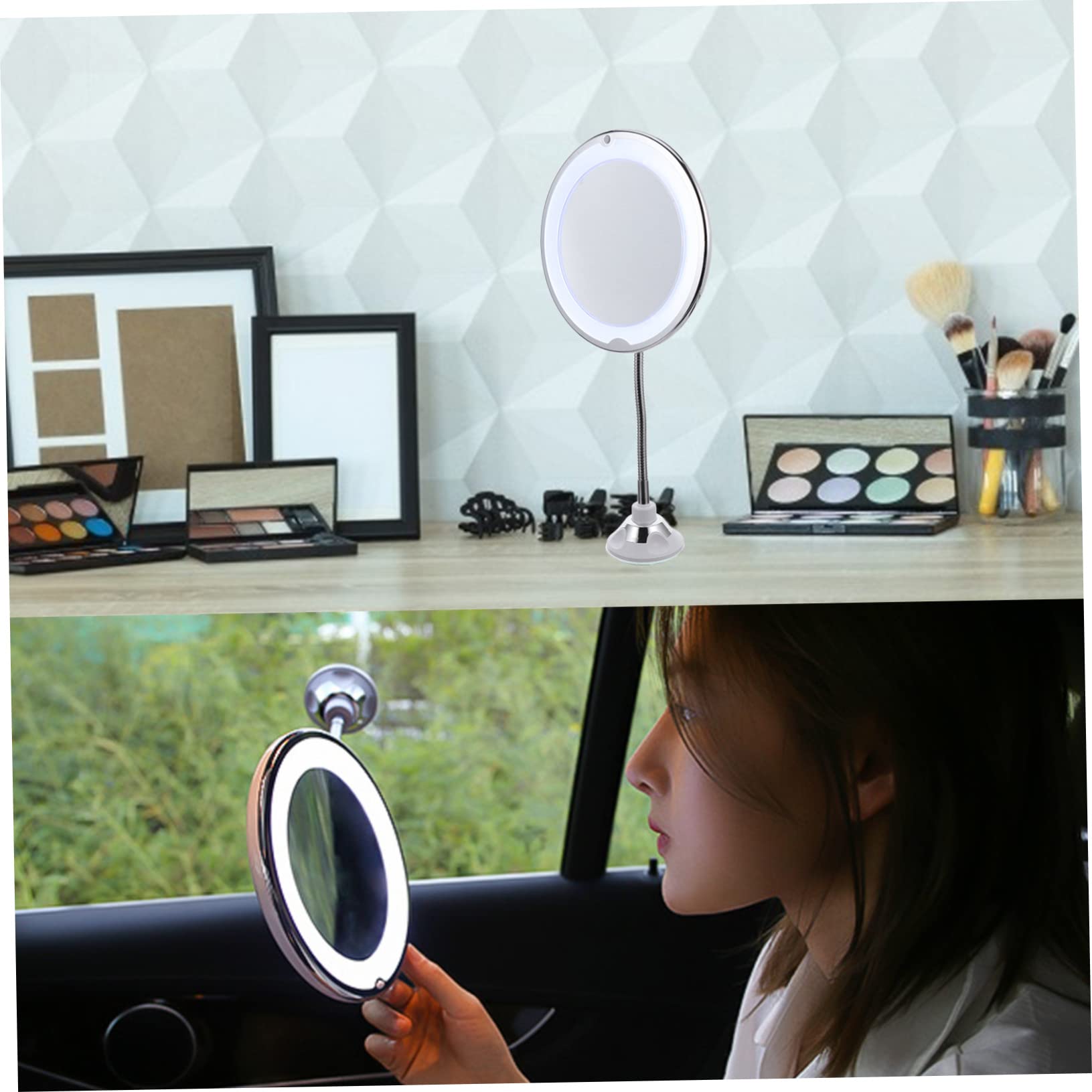 Specchio da Trucco LED 10x con Ventosa, Rotazione 360° | Argento, Plastica e Superficie Specchiante, Angolo Regolabile, per Bagno e Zone Poco Illuminate