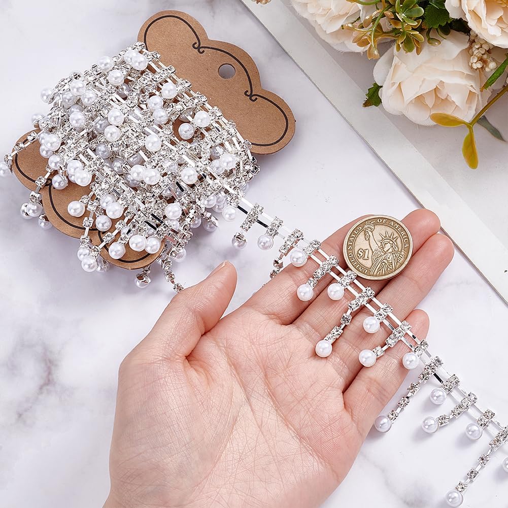 NBEADS 2 Yards Pearl Rhinestone Trim Chain, Rhinestone Cup Chains Sewing Beaded Trim Crystal Fringe Diamond Applique Ribbon for Wedding Veil Party Decoration Sewing Trims Cup Decoration, Platinum