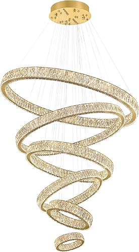 Miniatura 8 de Candelabro de anillo extragrande moderno LED dorado con 6 anillos para techo alto, lámparas de cristal largas D8+15.7+23.6+31.5+39.4+47.5 pulgadas