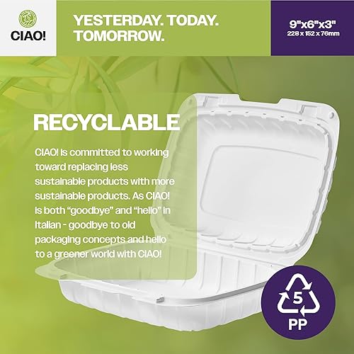 Miniatura 3 de CIAO! Contenedor blanco con bisagras MFPP de 9"x6"x3" con tapa 1 compartimento (caja de 200)