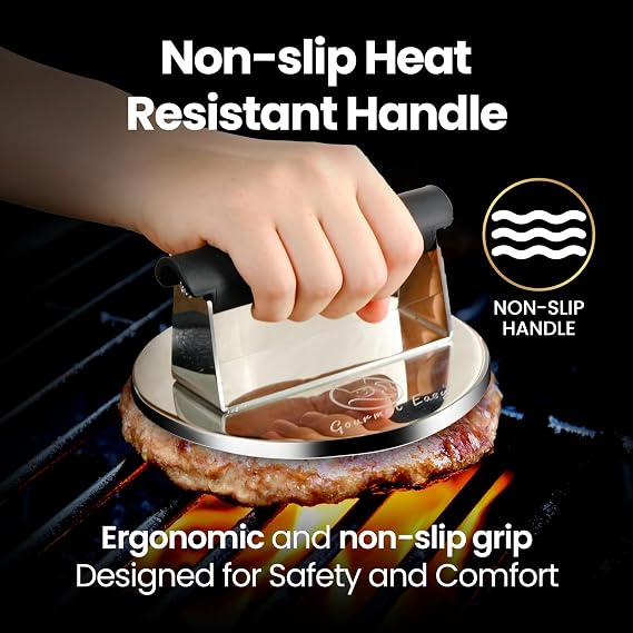 Gourmet Easy Stainless Steel Smash Burger Press with Heat Resistant Handle | Heat-Resistant Handle for a Secure Grip, 2lbs Weight, Ideal for Smash Burgers and Grills, Dishwasher Safe,