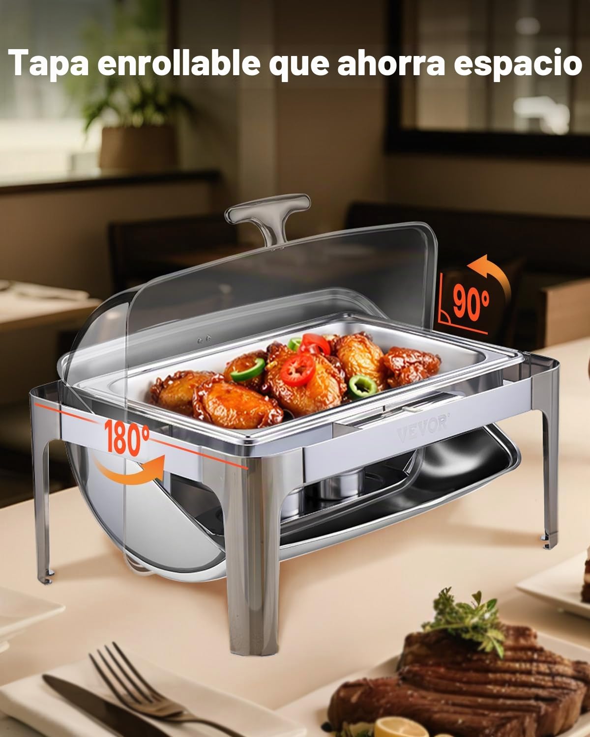 VEVOR Juego de Calentador de Alimentos Acero Inoxidable con Sartenes(8,5 L), Rectangular, Tapa Enrollable y Soporte para Bandeja Agua y Depósito de Combustible, para Bufé, Plata, Gran Capacidad