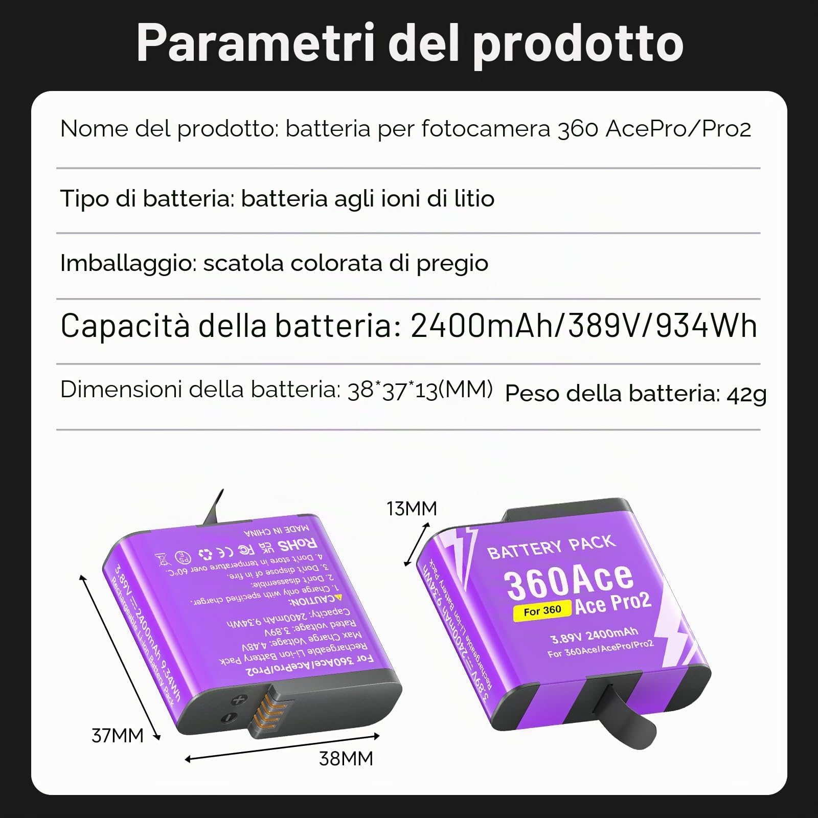 CITYORK [Confezione da 1] Batteria di ricambio da 2400 mAh per Insta 360 Ace / 360 Ace Pro/360 Ace Pro 2 Batteria per fotocamera, Kit batteria ricaricabile Accessori per fotocamera sportiva