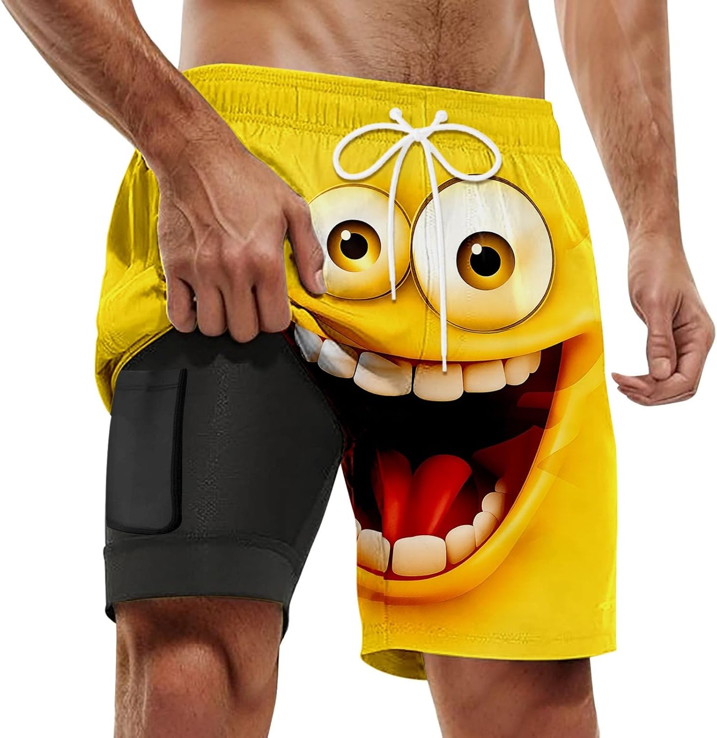 Mens Funny Beach Shorts Novelty Expression Print Swimming Trunks Summer Vacation Elastic Waist Quick Dry Board Short