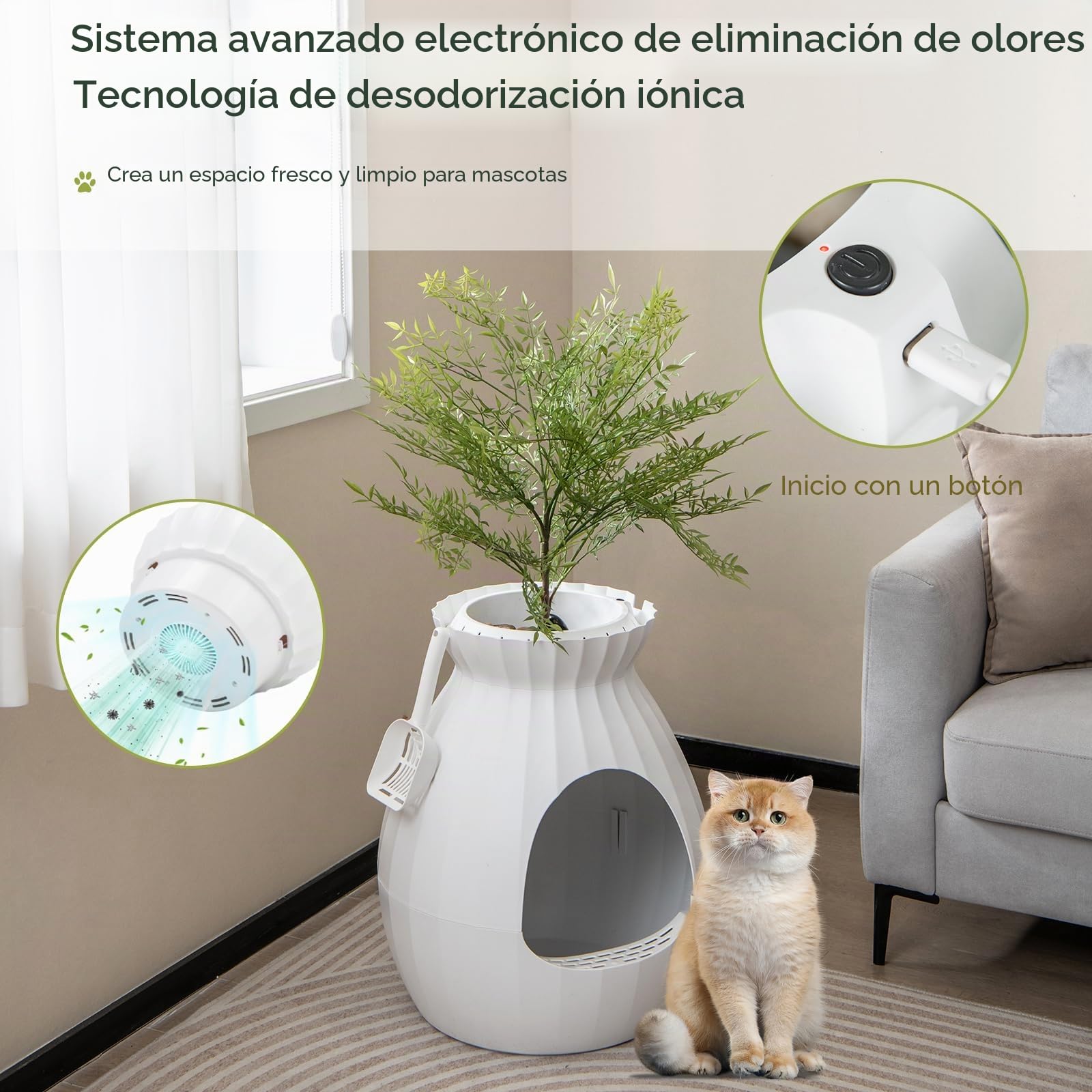 FANTASK Inodoro para Gatos 2 en 1, eliminación Inteligente de olores y esterilización con Cortina de Puerta, Estilo Maceta con Planta Artificial, guijarros y Pala