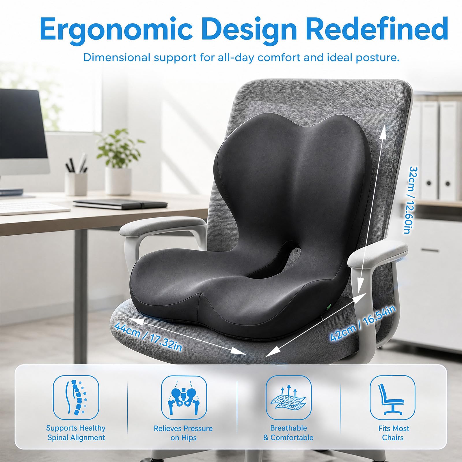 Cuscino ortopedico con schienale, cuscino in memory foam a forma di L | Cuscino per coccige, fondo antiscivolo, per ufficio, auto, gaming e sedie a rotelle, traspirante e rimovibile, grigio scuro