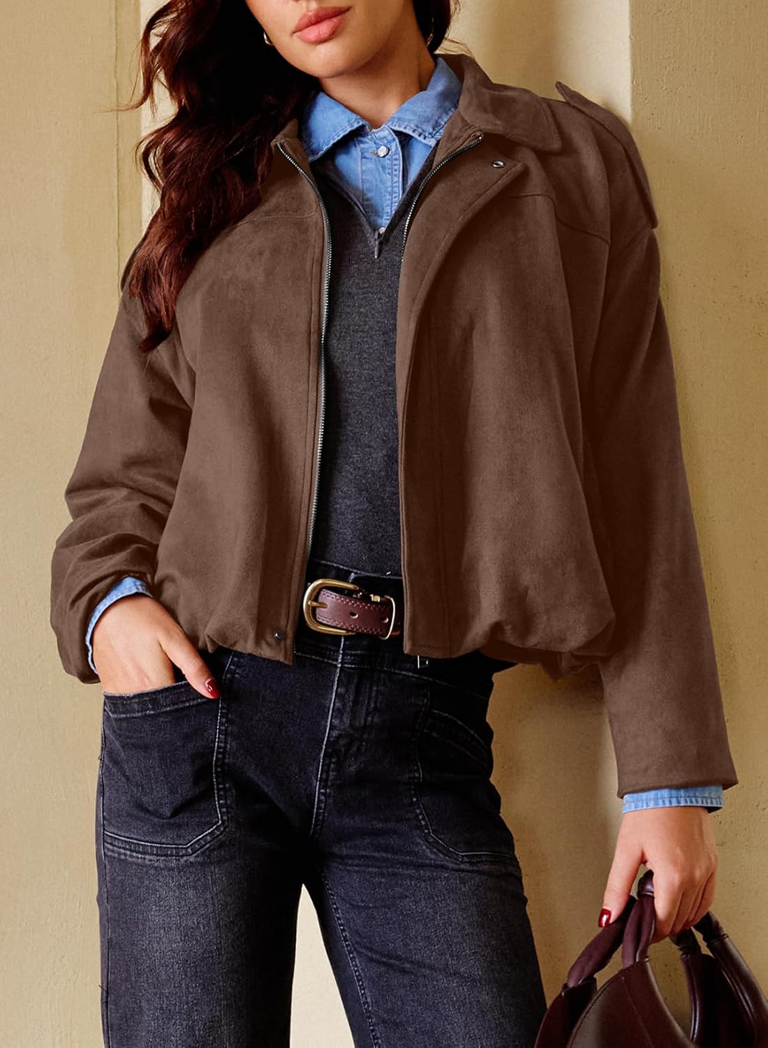 EVALESS Womens Faux Suede Bomber Jackets Long Sleeve Spring Coats Zip Up Cropped Jacket Trendy Outerwear with Pockets - Image 2