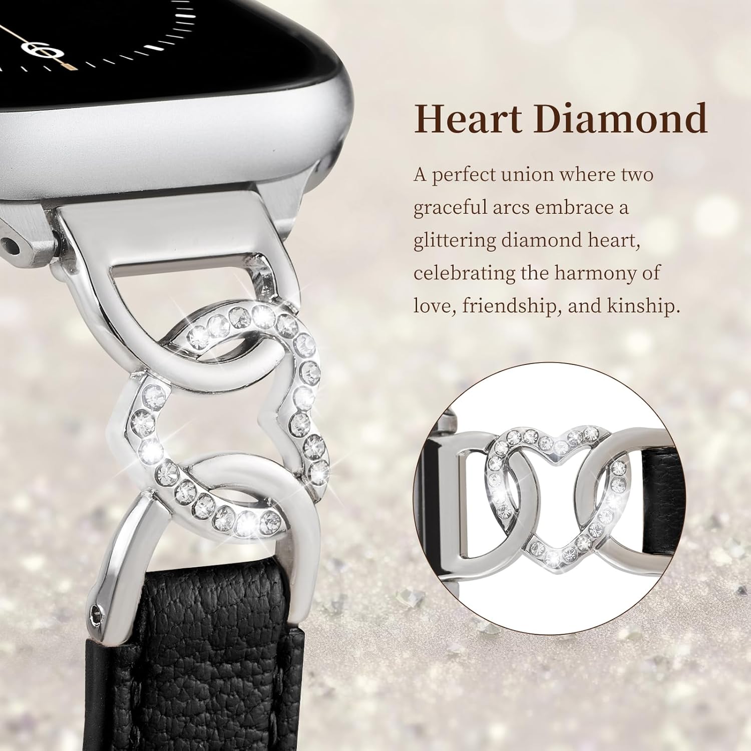 Slim Goatskin Leather Watch Bands for Apple Watch Series 11 10 9 8 7 6 5 4 SE 3 for Women, Exquisite Diamond Heart Metal Chain Leather Band for iWatch 42mm 41mm 40mm 38mm 46mm 45mm 44mm 49mm - Image 2